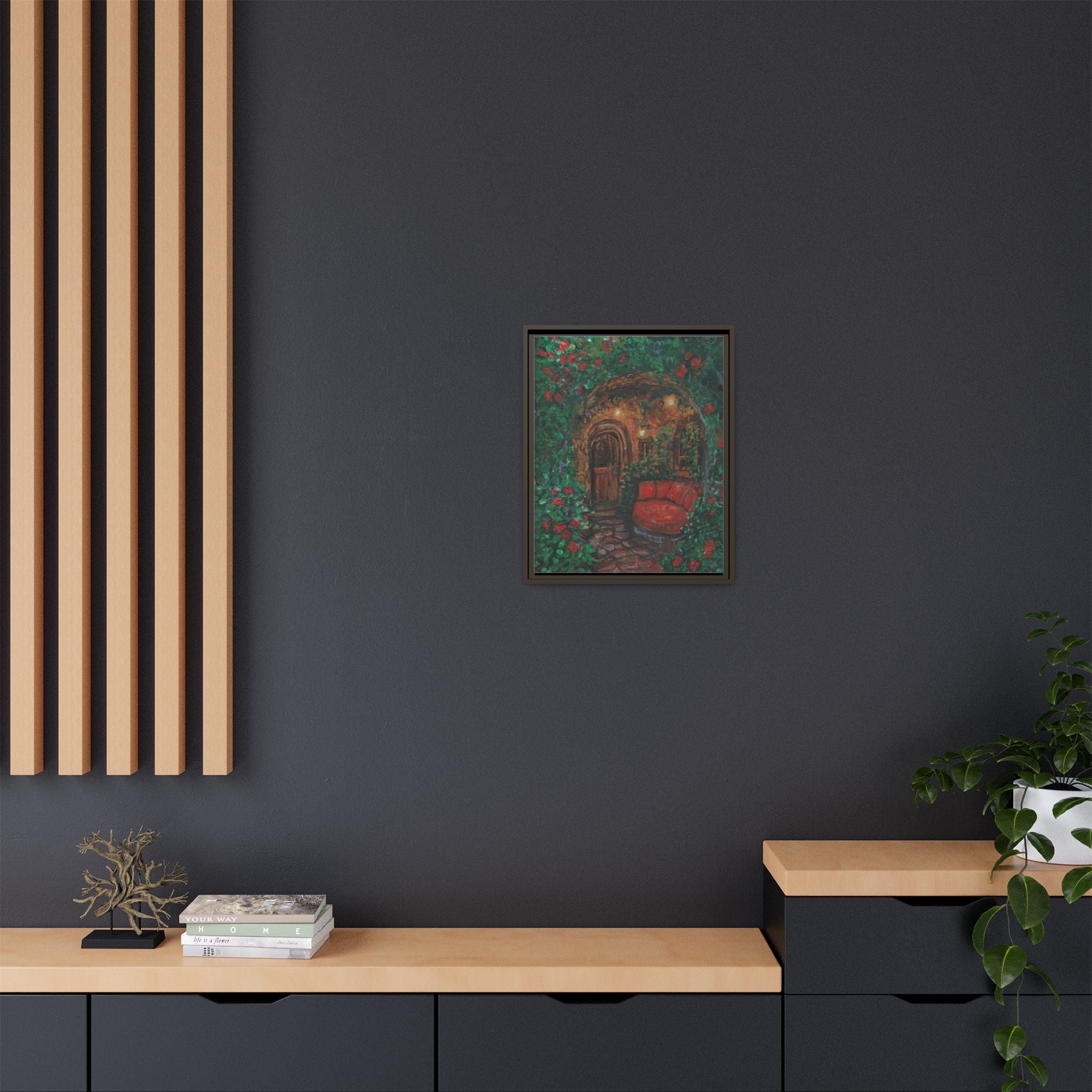 Framed Matte Canvas Art – Cozy Garden Doorway with Red Chair Print of Original Hidden Doorway