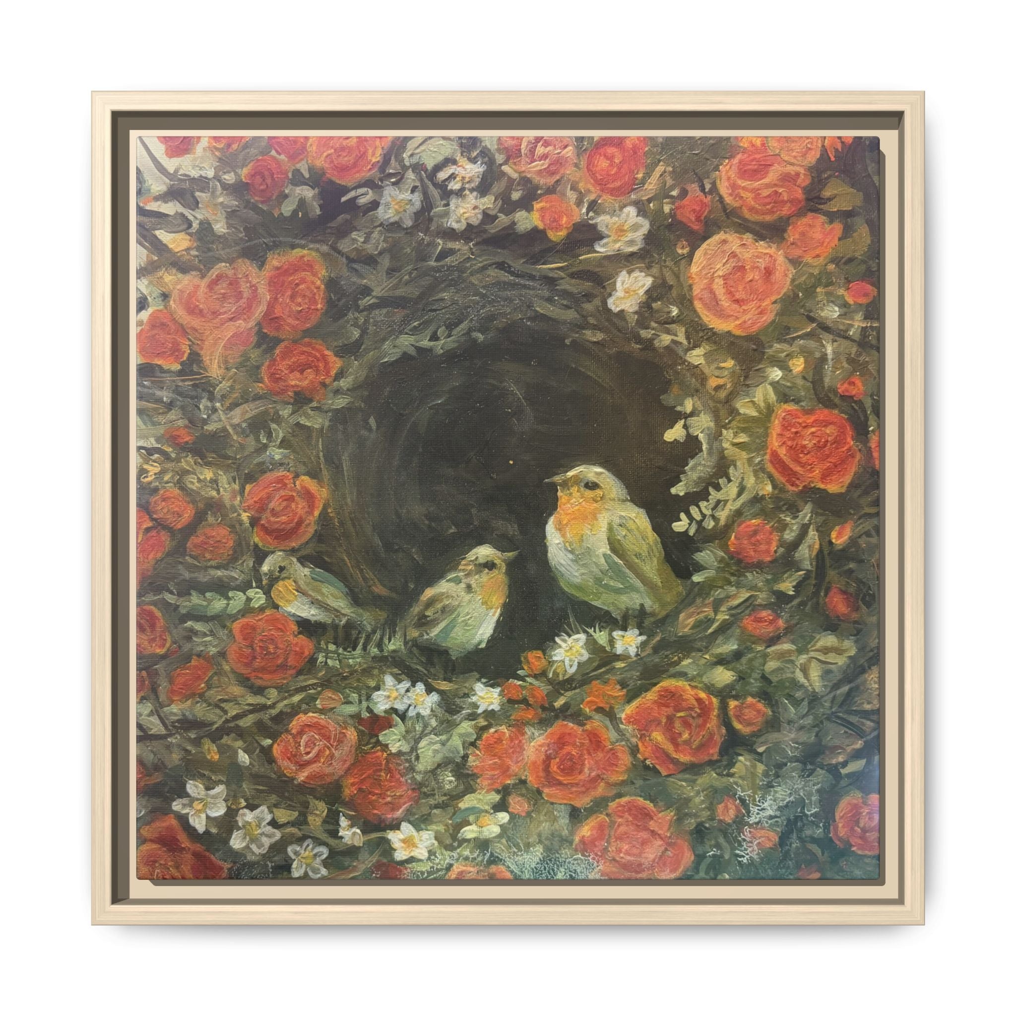 Framed Canvas Art - 'Nest of Roses' Botanical Bird Print