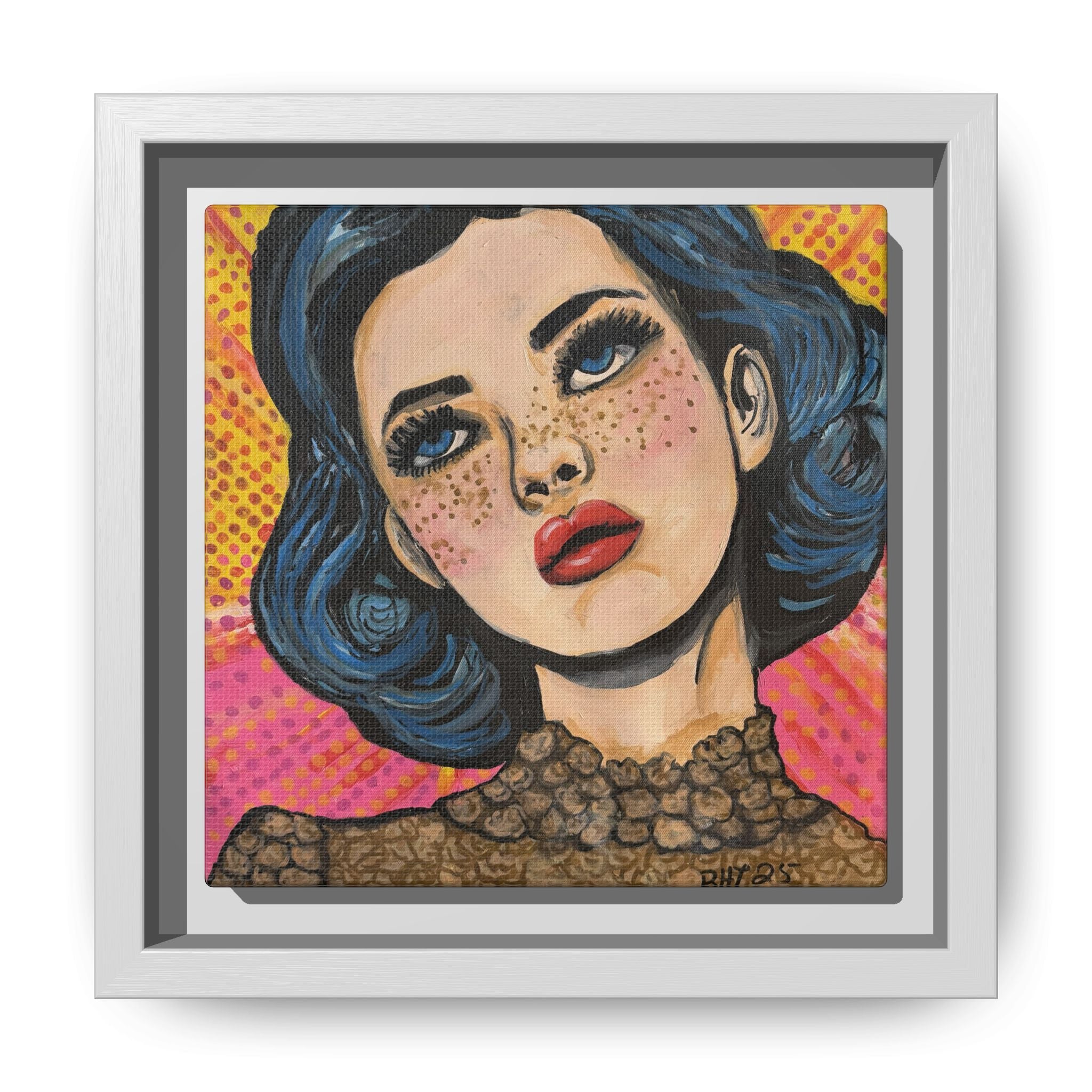 Pop Art Portrait Matte Canvas Print of Original "OMG" (Framed) — Retro Blue-Haired Woman Wall Art