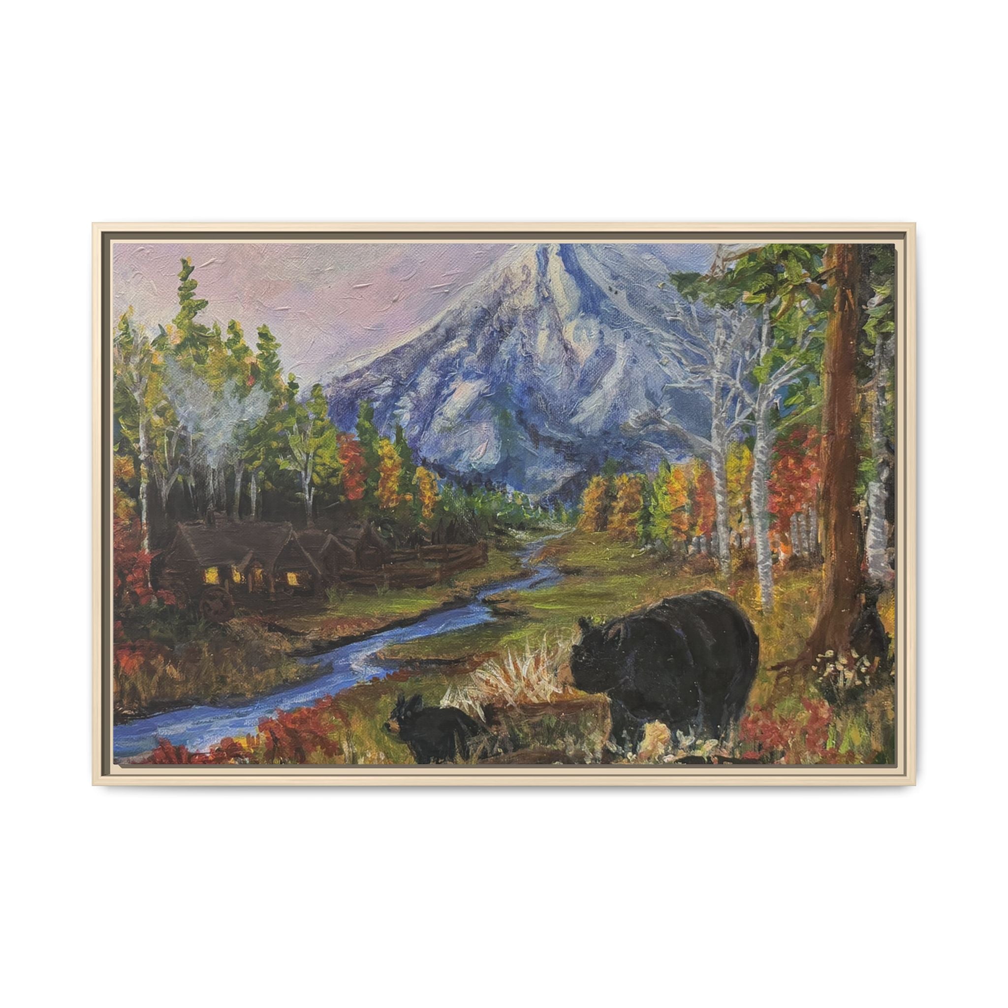 Framed Matte Canvas - Three Bear Stroll  - Mountain Stream with Bears Landscape Wall Art