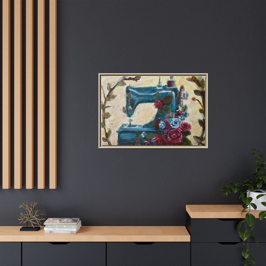 Framed Canvas Wall Art — Vintage Sewing Machine with Roses - Framed Print of the Original Grandma's Sewing Machine