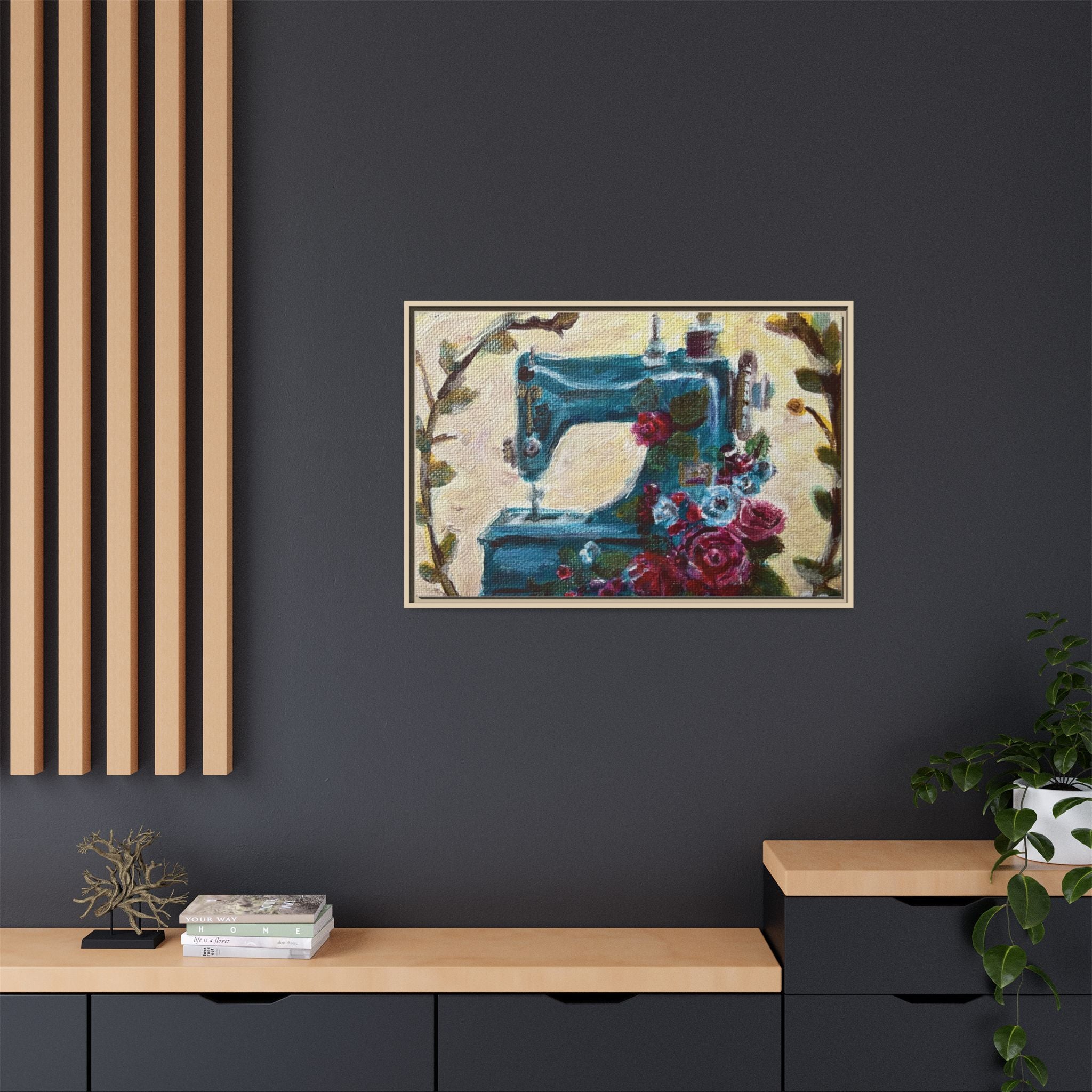 Framed Canvas Wall Art — Vintage Sewing Machine with Roses - Framed Print of the Original Grandma's Sewing Machine