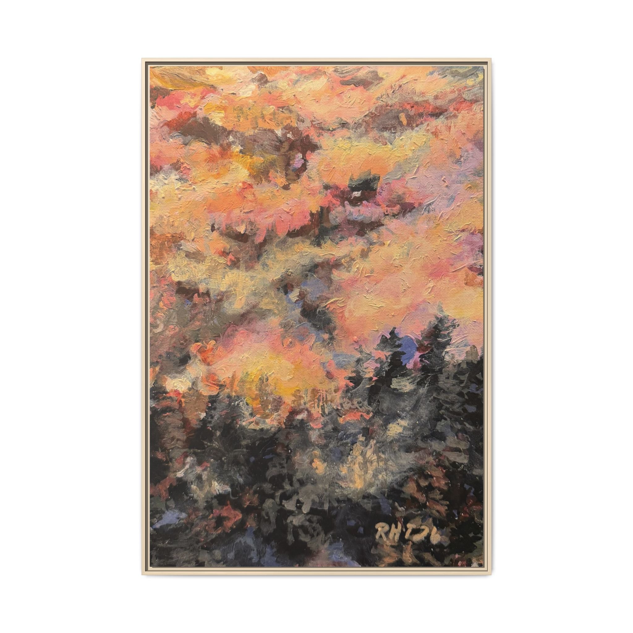 Framed Matte Canvas Art of Original Mistbow Mountain - Moody Sunset Forest Abstract