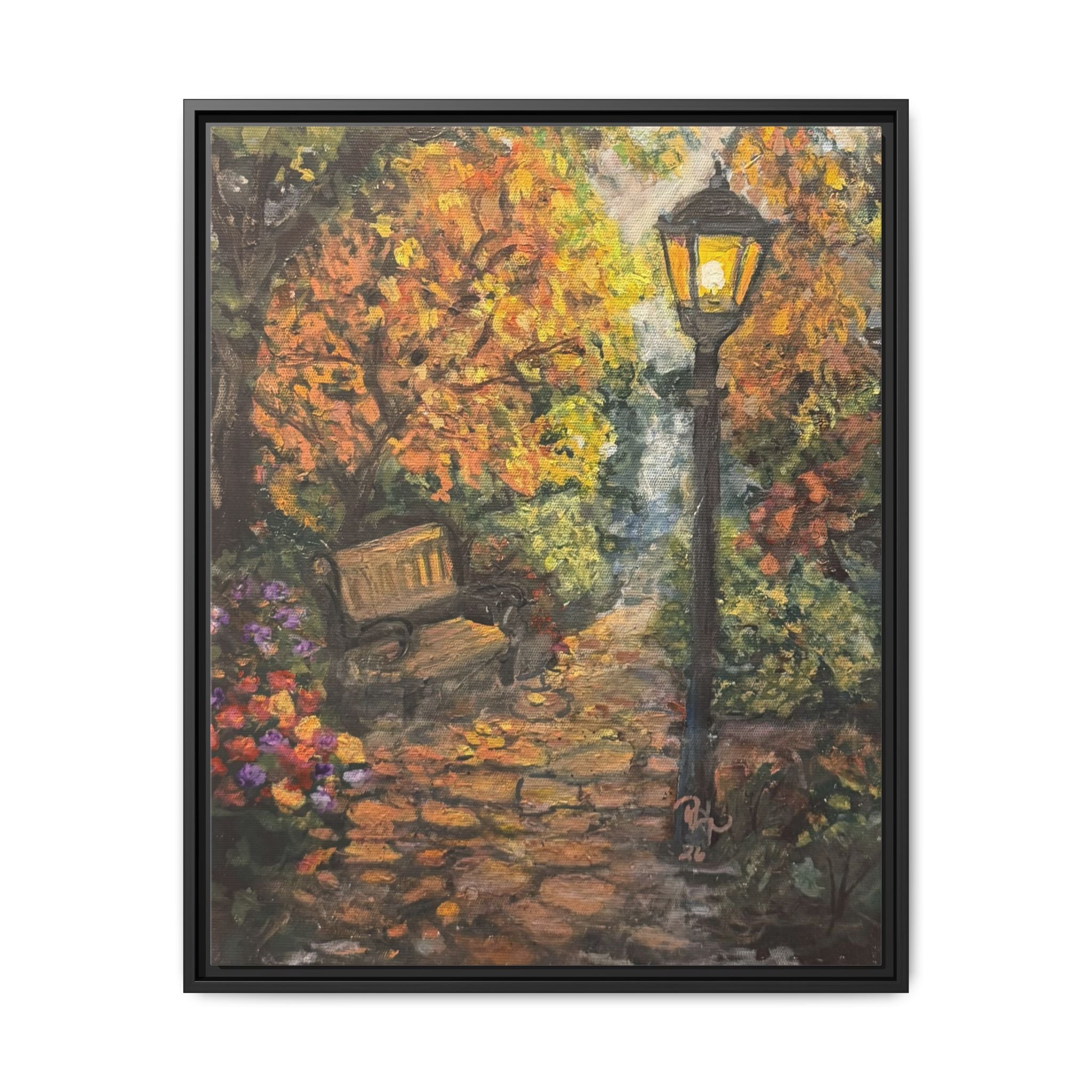 Framed Matte Canvas Art — Autumn Park Bench with Lamp Post (Cozy Fall Wall Decor)