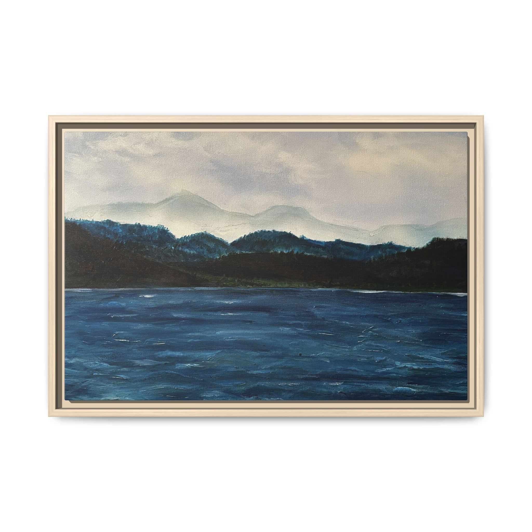 Framed Canvas Print of Original Misty Mountain – Moody Blue Wall Art