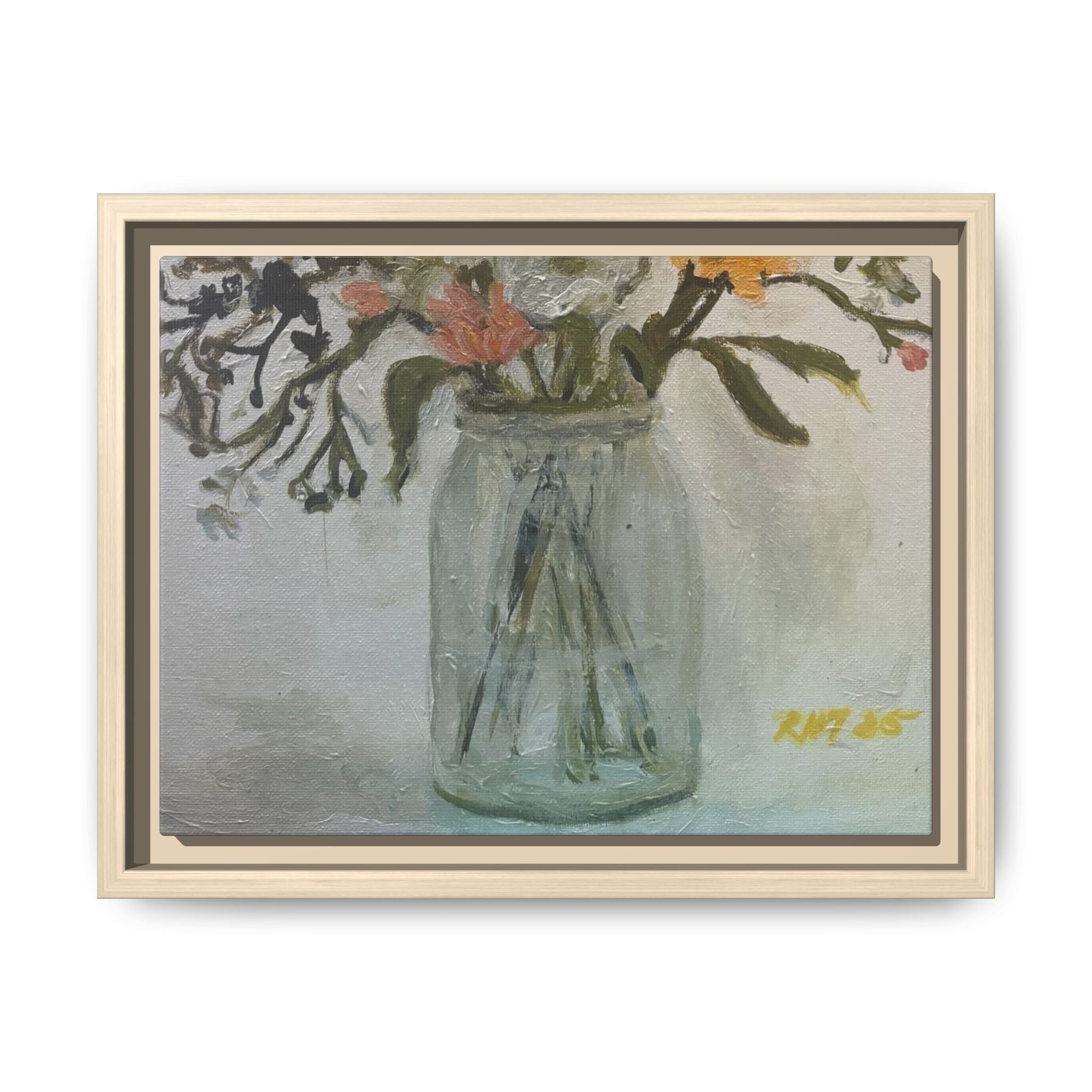 Framed Matte Canvas Art - Flower in Glass Jar Floral Painting Print of Original