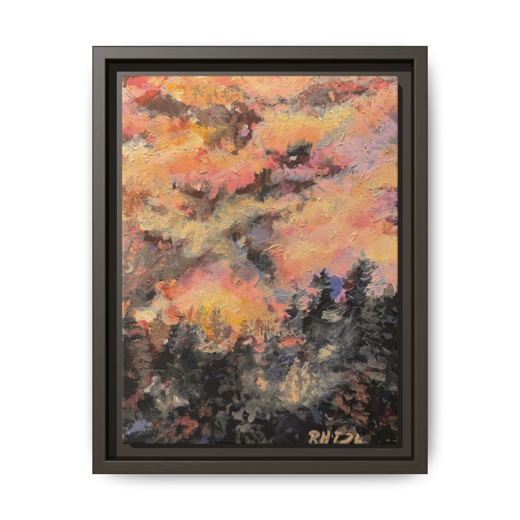 Framed Matte Canvas Art of Original Mistbow Mountain - Moody Sunset Forest Abstract