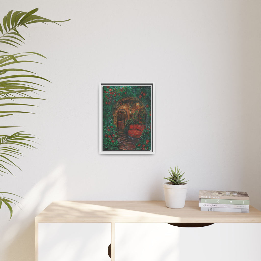 Framed Matte Canvas Art – Cozy Garden Doorway with Red Chair Print of Original Hidden Doorway