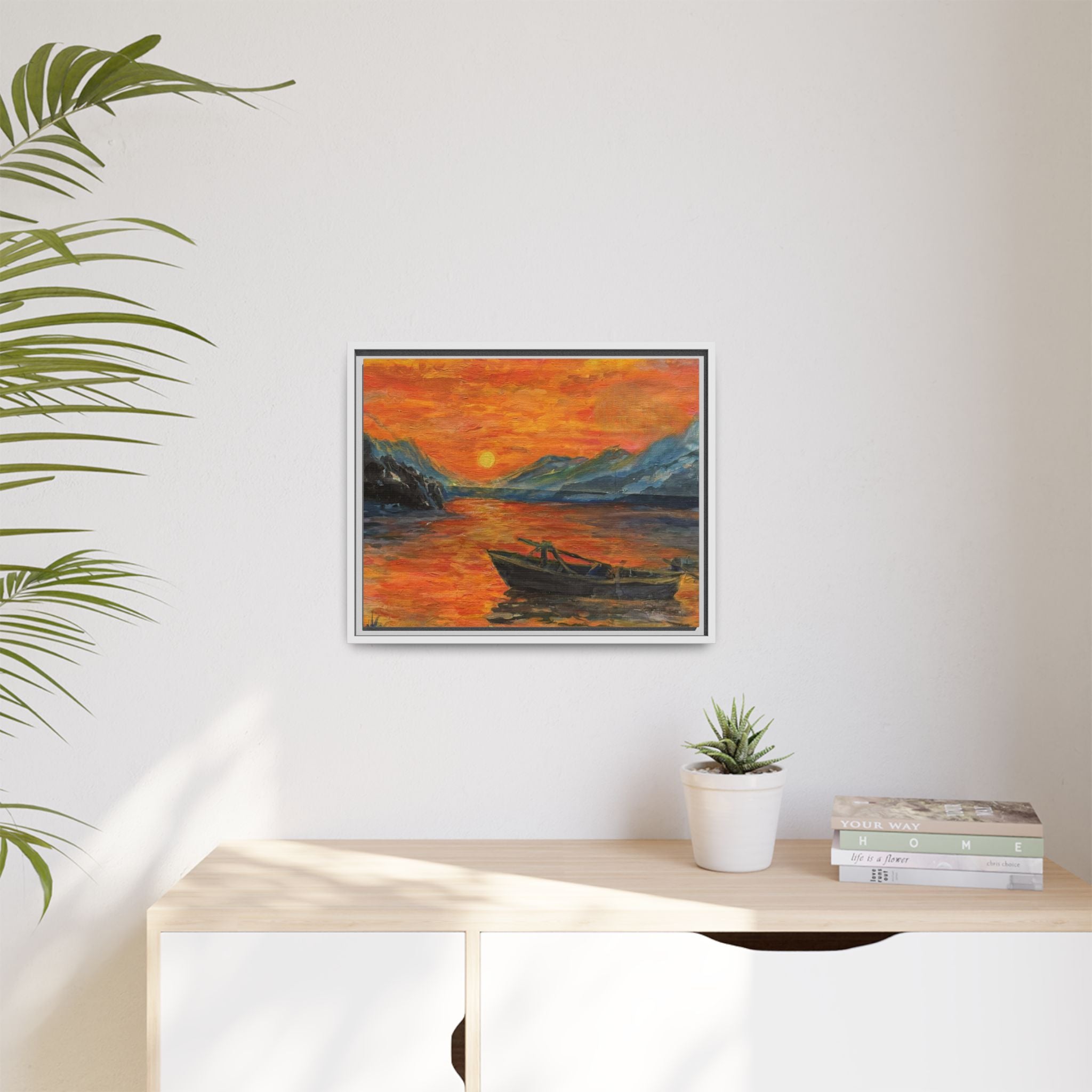 Boat on Sunset Lake Framed Canvas Print of Original — Orange Mountain Lake Wall Art