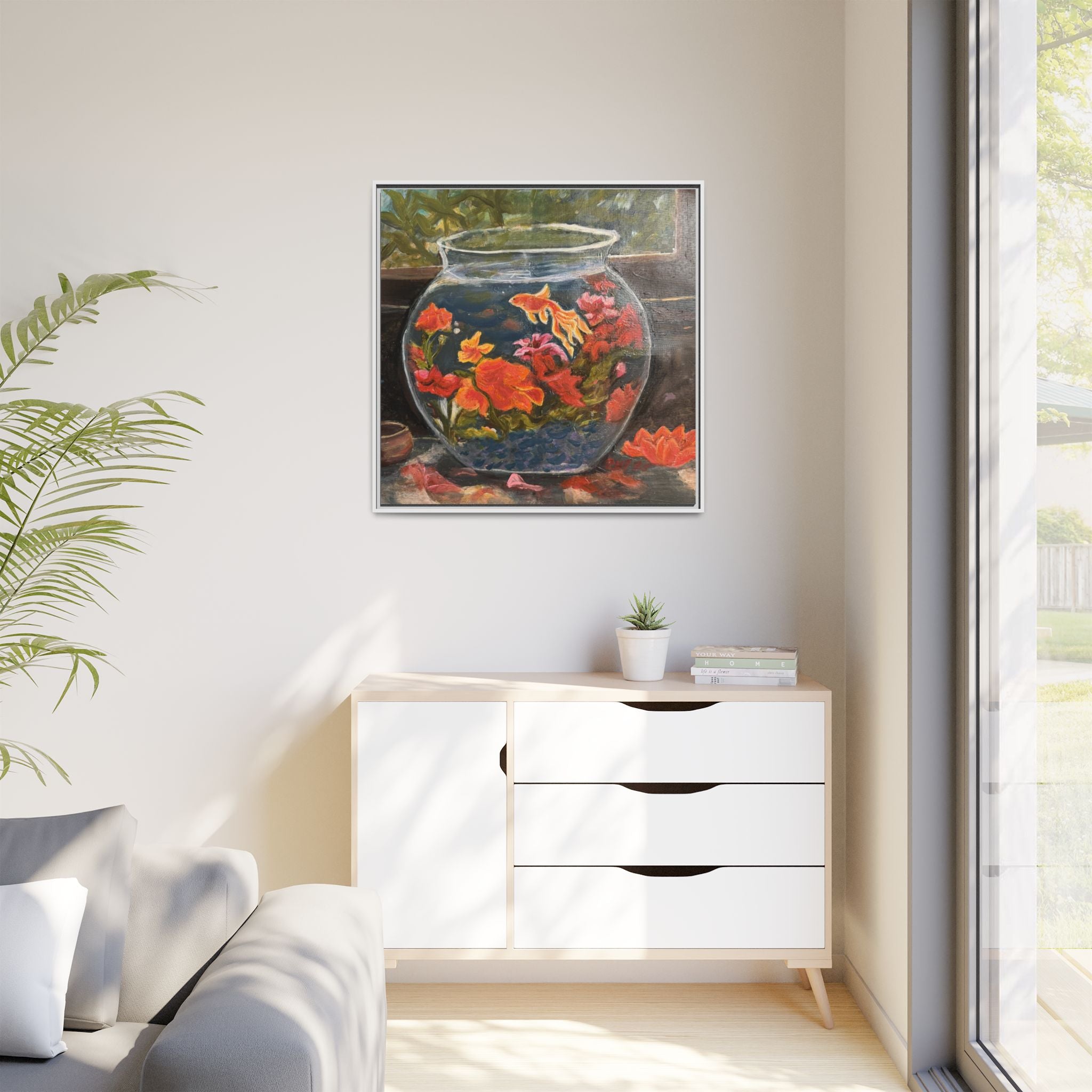 Framed Matte Canvas Print of Original– Colorful Goldfish Bowl Art
