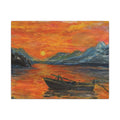 Boat on Sunset Lake Canvas Wall Art Print of Original— Orange Seascape Landscape Print