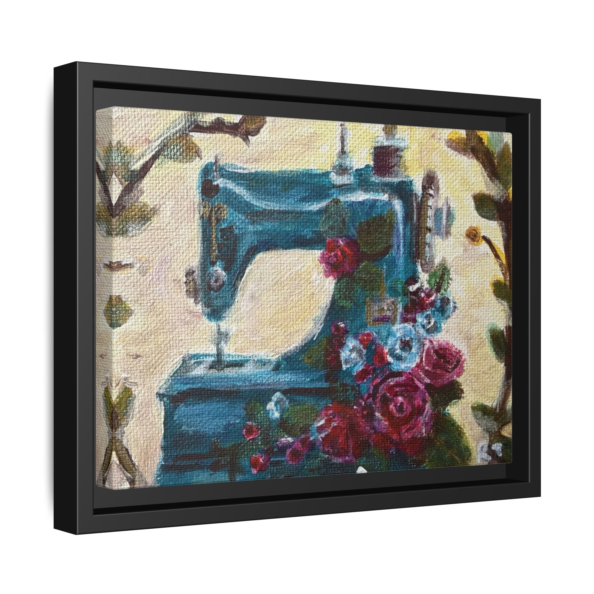 Framed Canvas Wall Art — Vintage Sewing Machine with Roses - Framed Print of the Original Grandma's Sewing Machine