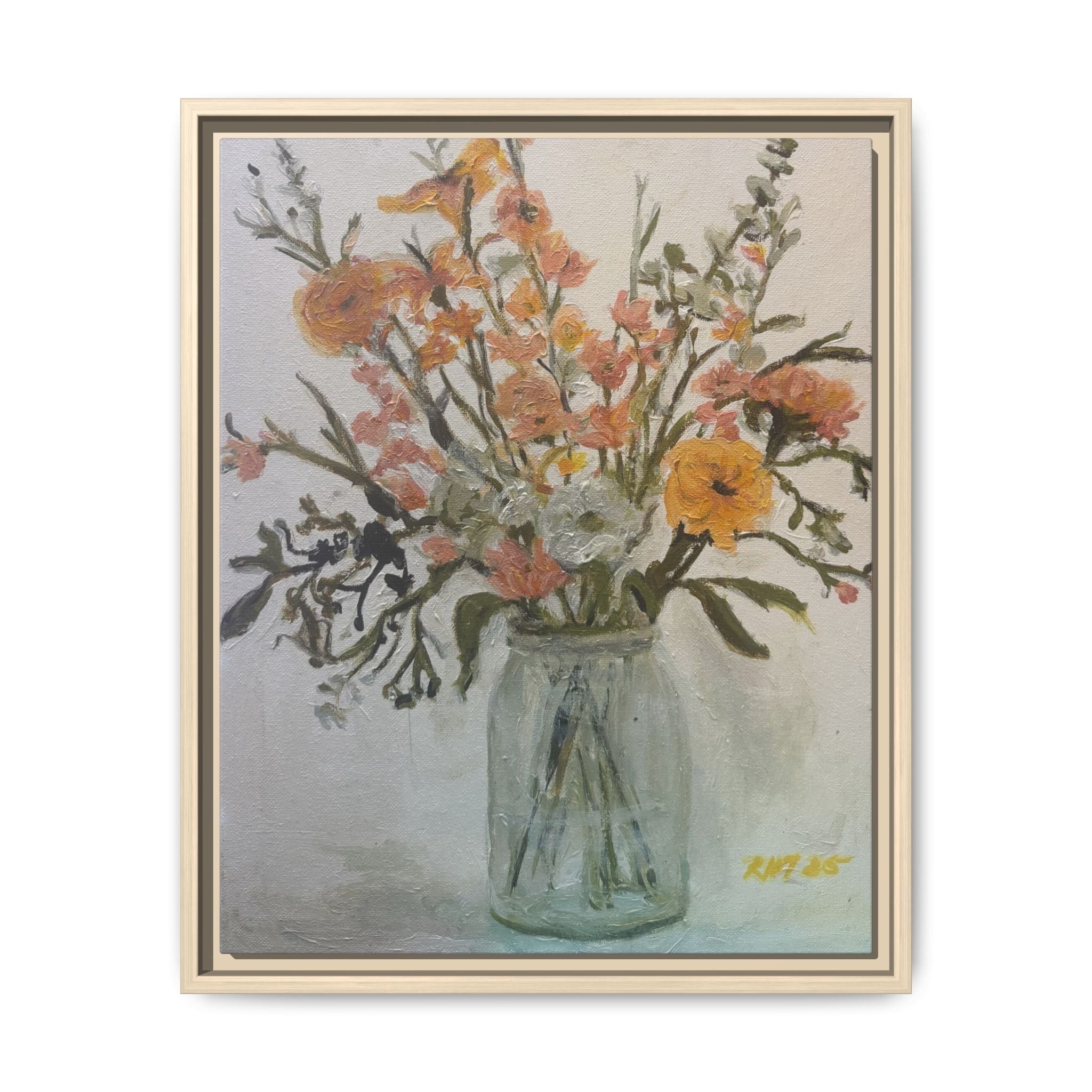 Framed Matte Canvas Art - Flower in Glass Jar Floral Painting Print of Original