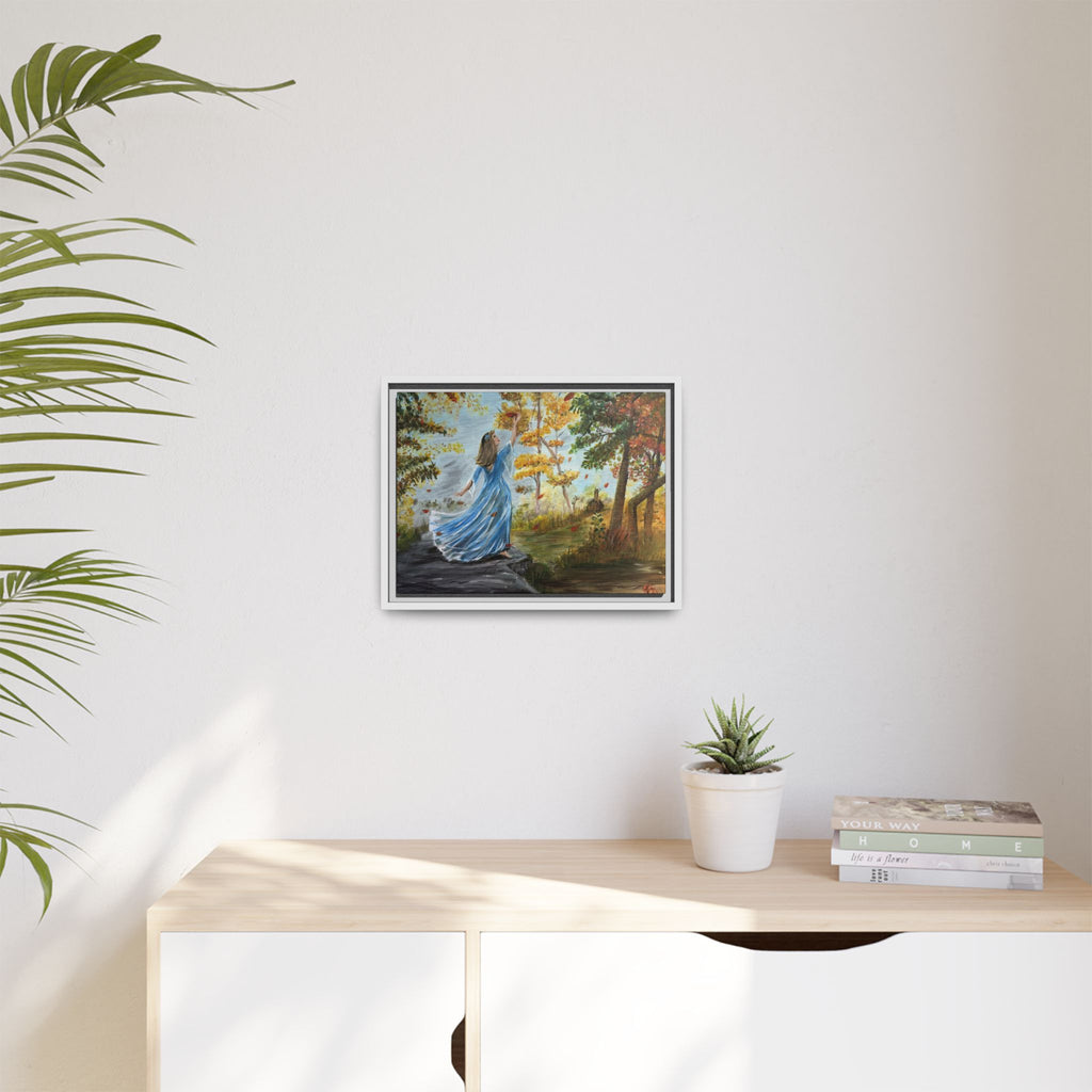 Autumn Breeze Canvas Print — Woman in Blue Dress Framed Wall Art