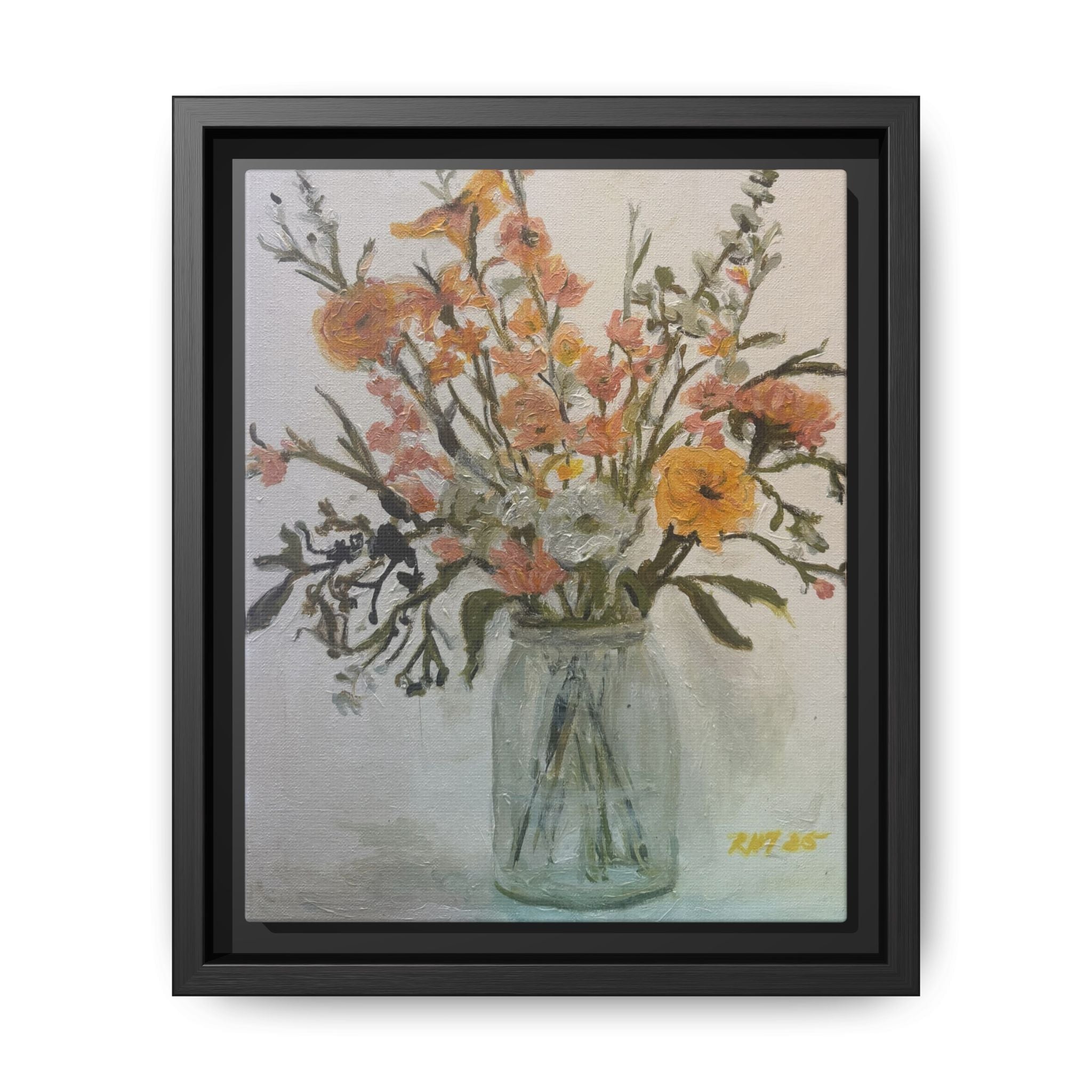 Framed Matte Canvas Art - Flower in Glass Jar Floral Painting Print of Original