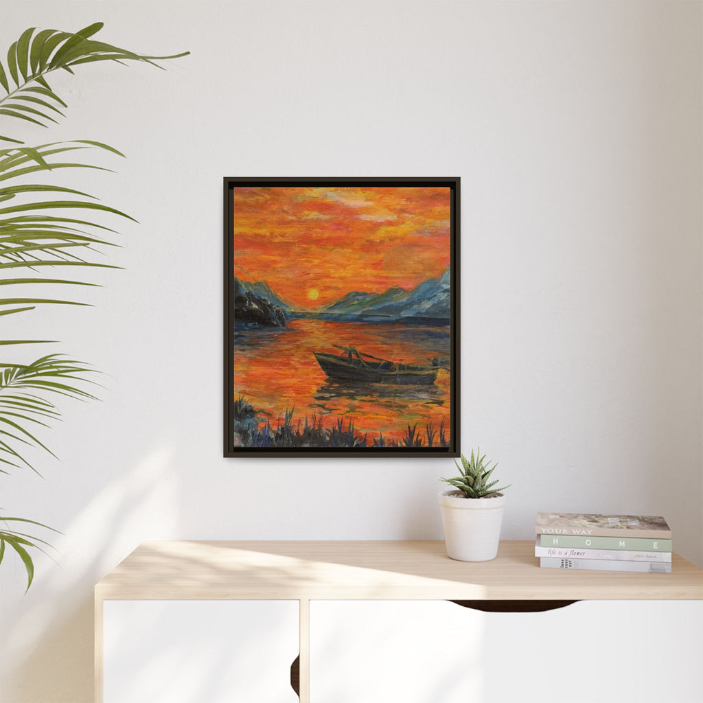 Boat on Sunset Lake Framed Canvas Print of Original — Orange Mountain Lake Wall Art