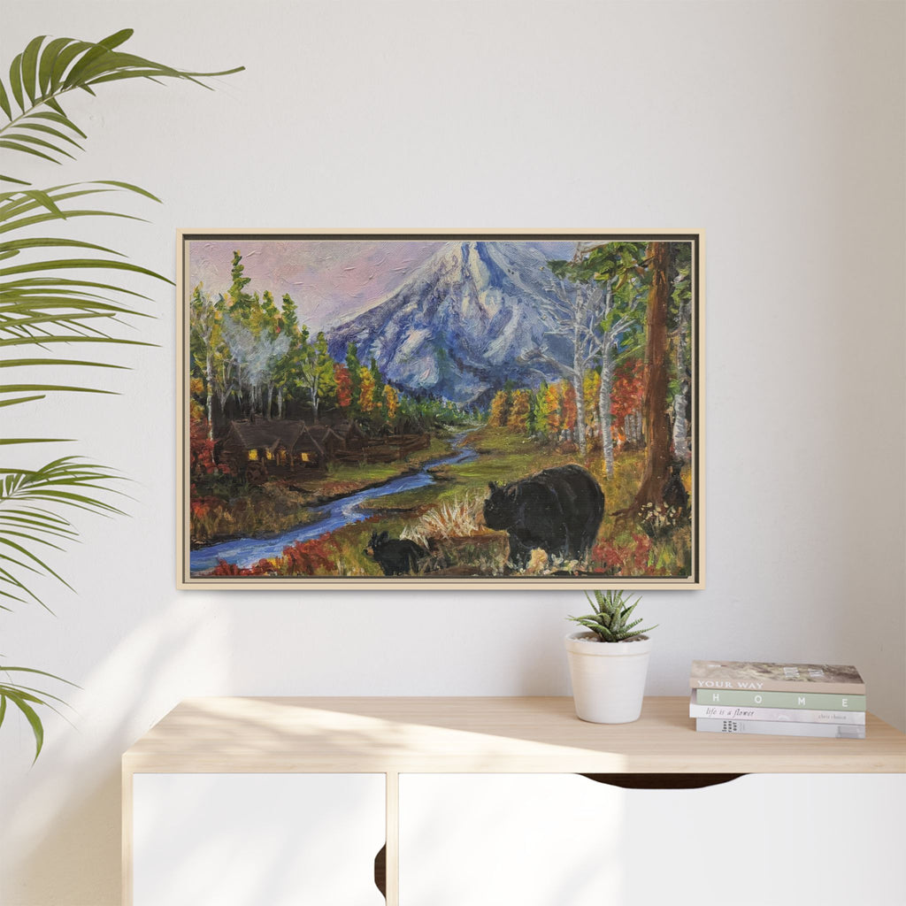 Framed Matte Canvas - Three Bear Stroll  - Mountain Stream with Bears Landscape Wall Art