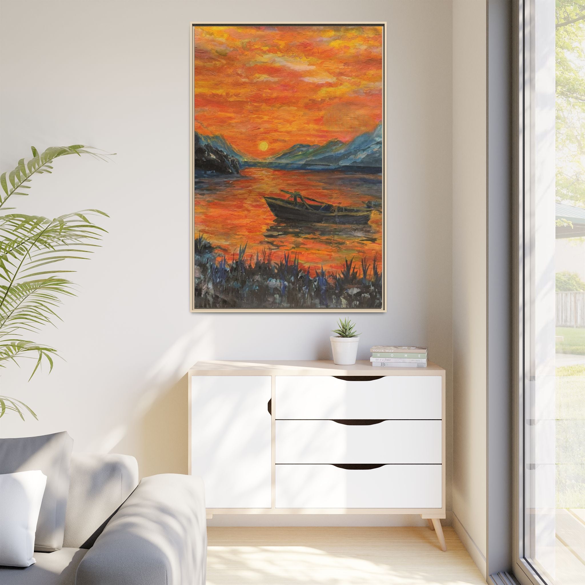 Boat on Sunset Lake Framed Canvas Print of Original — Orange Mountain Lake Wall Art