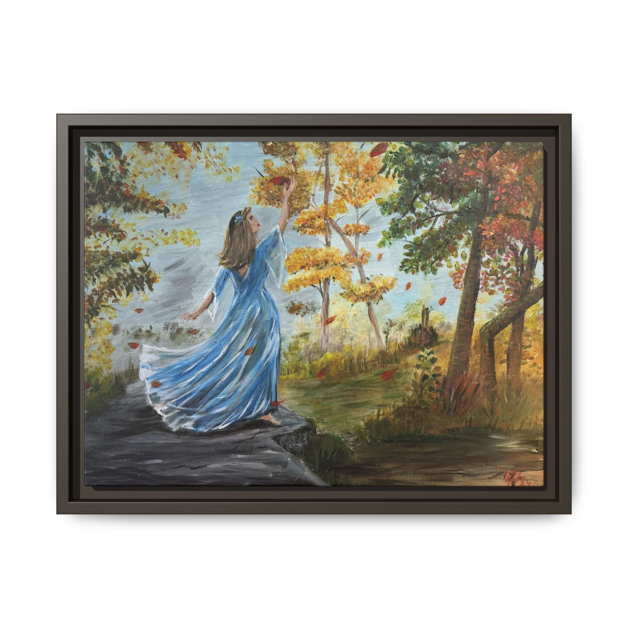 Autumn Breeze Canvas Print — Woman in Blue Dress Framed Wall Art