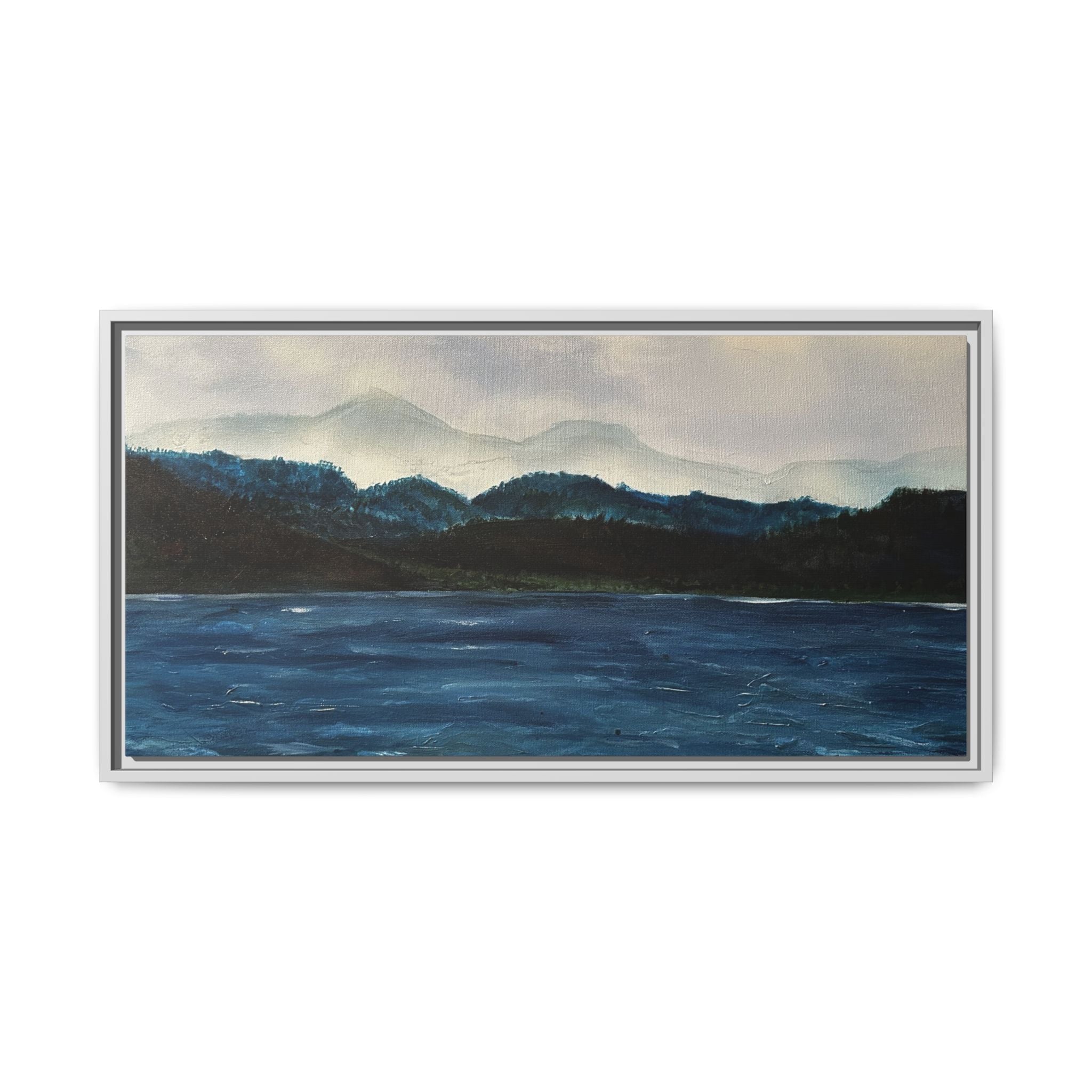 Framed Canvas Print of Original Misty Mountain – Moody Blue Wall Art