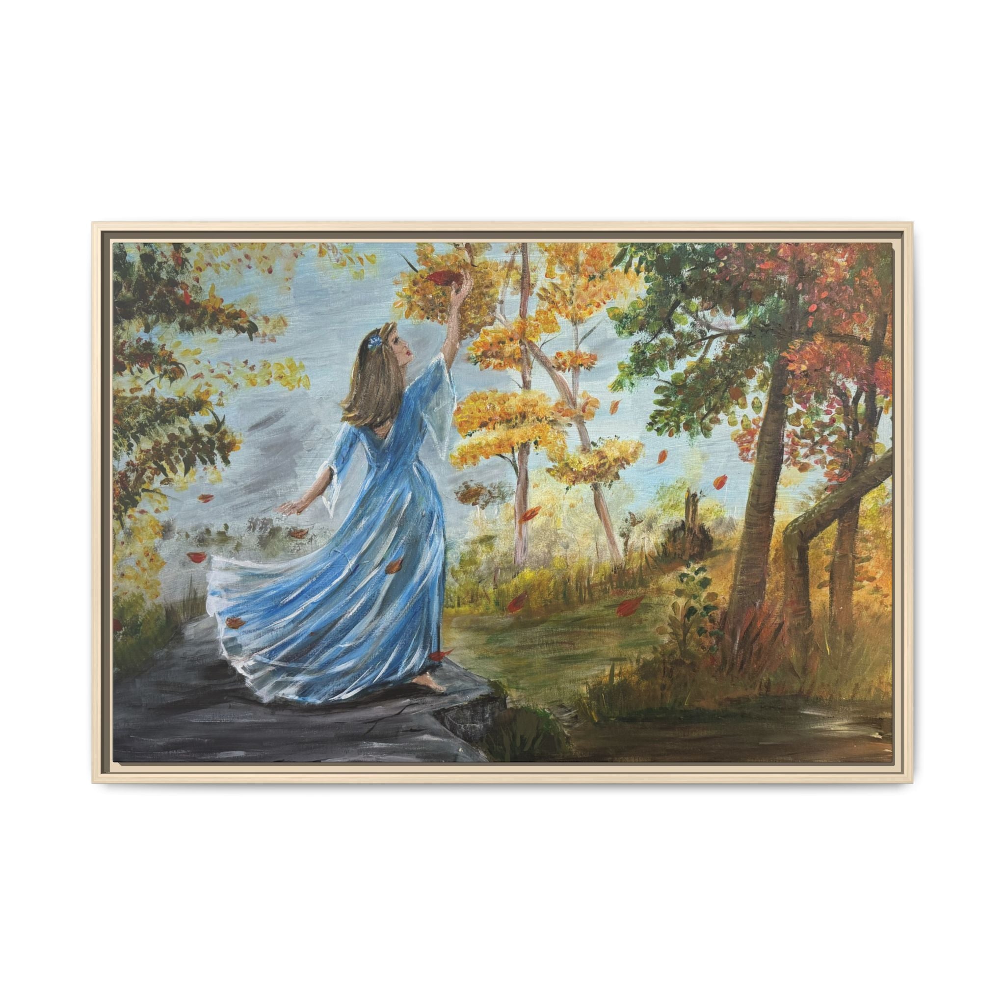 Autumn Breeze Canvas Print — Woman in Blue Dress Framed Wall Art