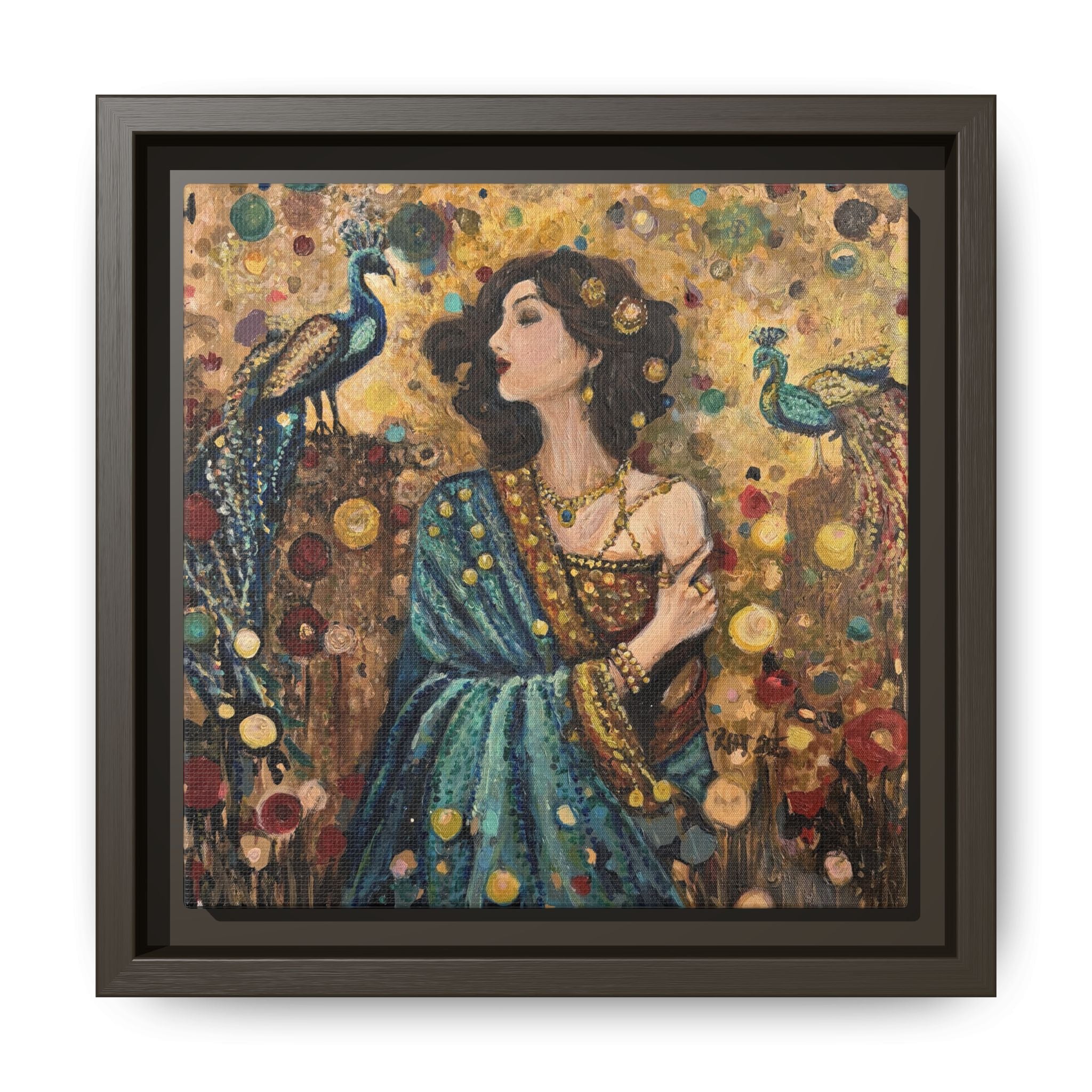 Gilded Peacock Muse Framed Canvas Art Print of Original— Bohemian Floral Decorative Print
