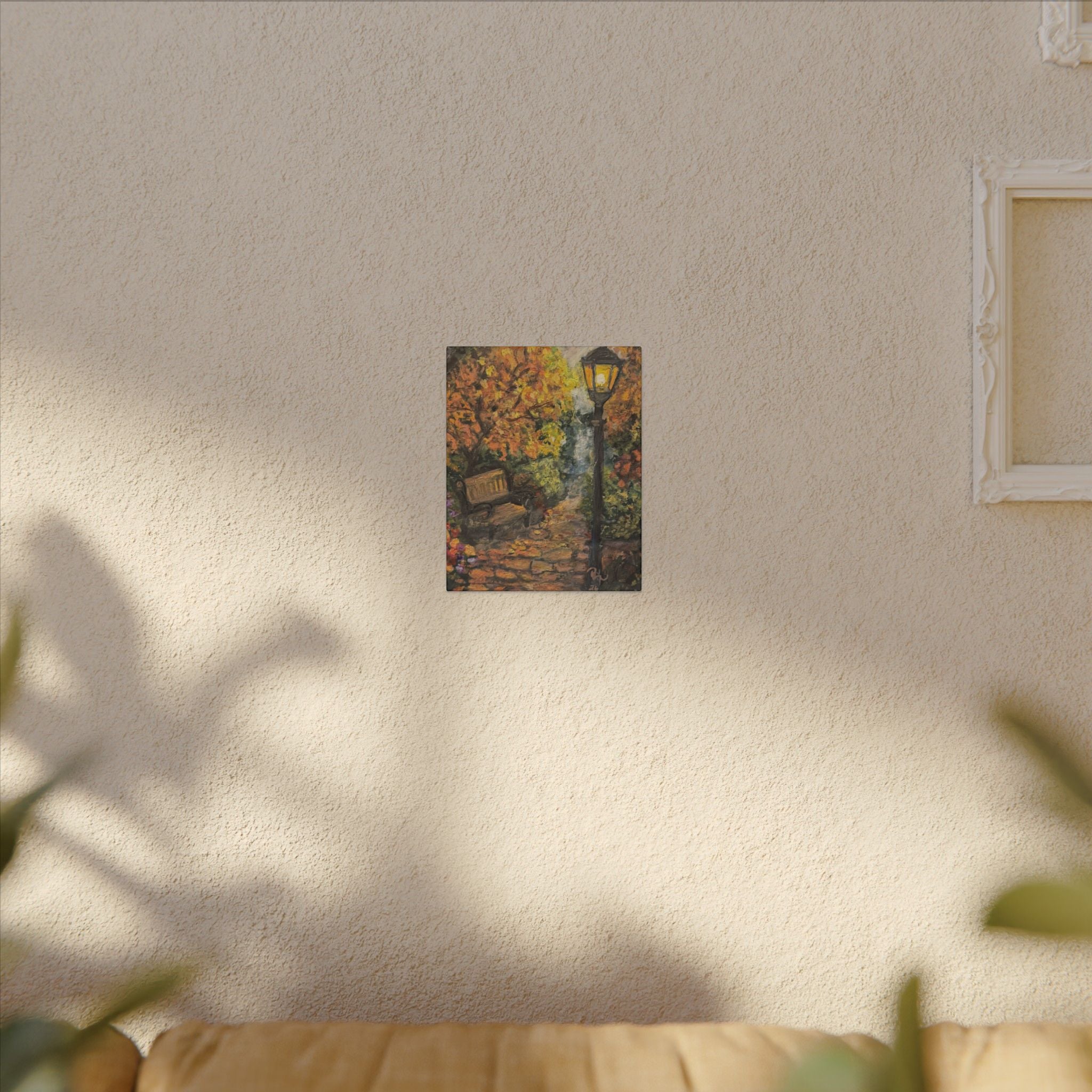 Autumn Evening in the Park Canvas Print of Original— Lantern & Bench Fall Wall Decor