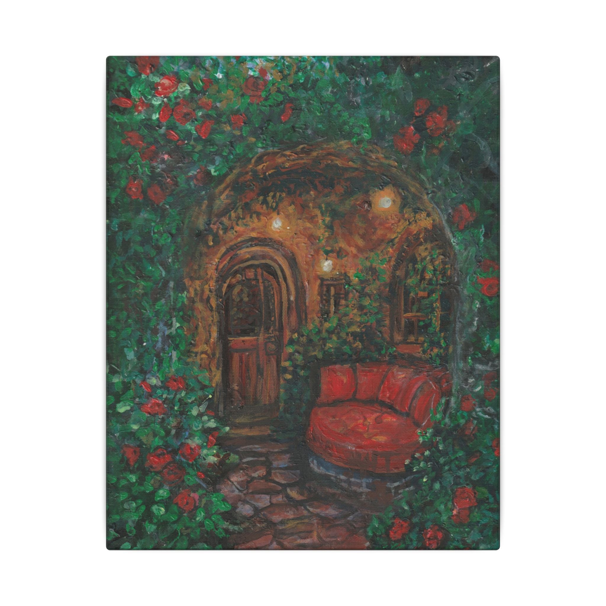 Hidden Entrance Canvas Art - Cozy Red Chair Doorway Painting Print of Original