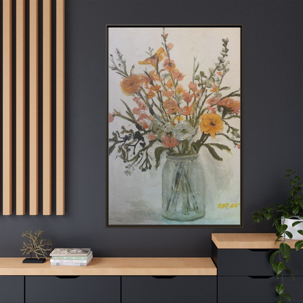 Framed Matte Canvas Art - Flower in Glass Jar Floral Painting Print of Original