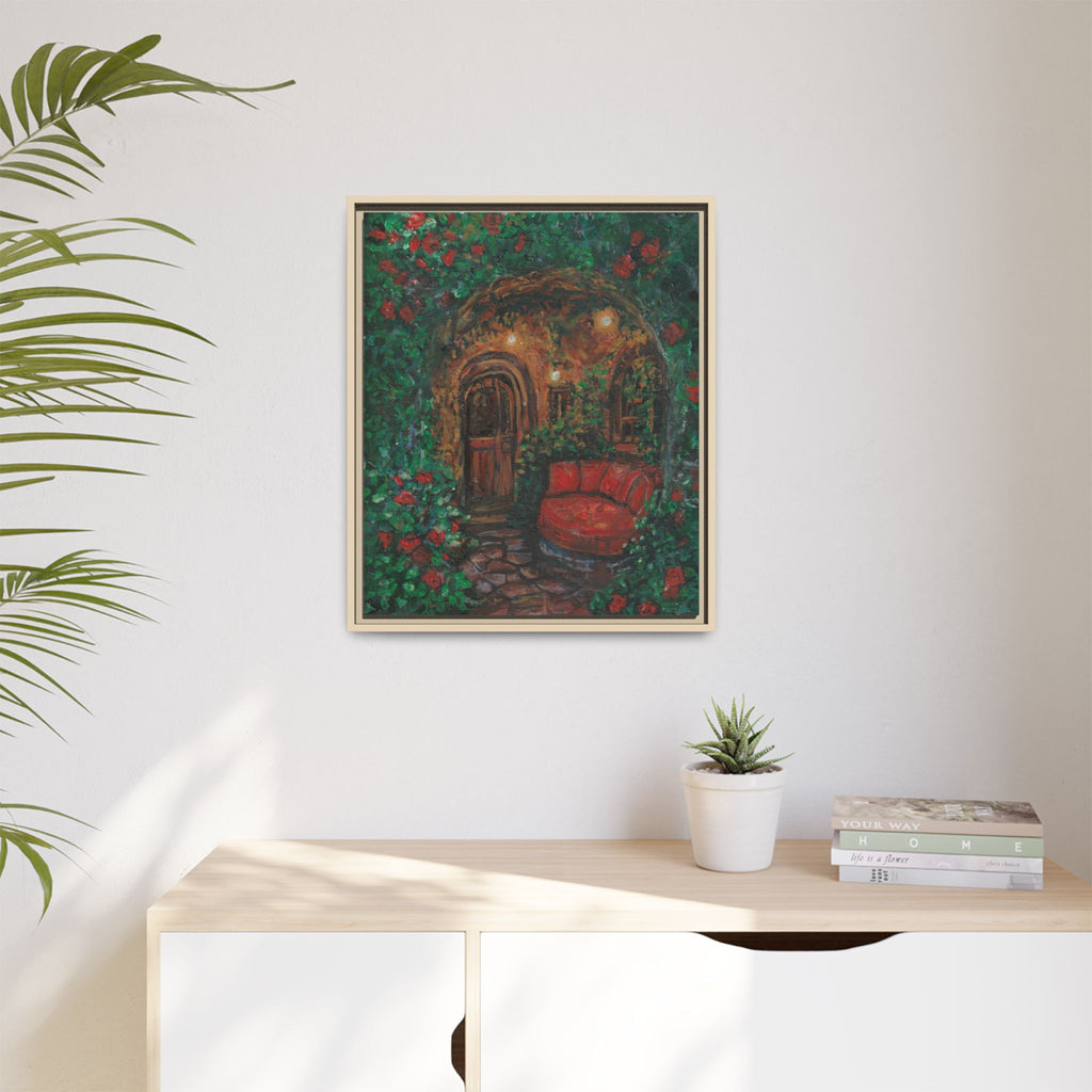 Framed Matte Canvas Art – Cozy Garden Doorway with Red Chair Print of Original Hidden Doorway