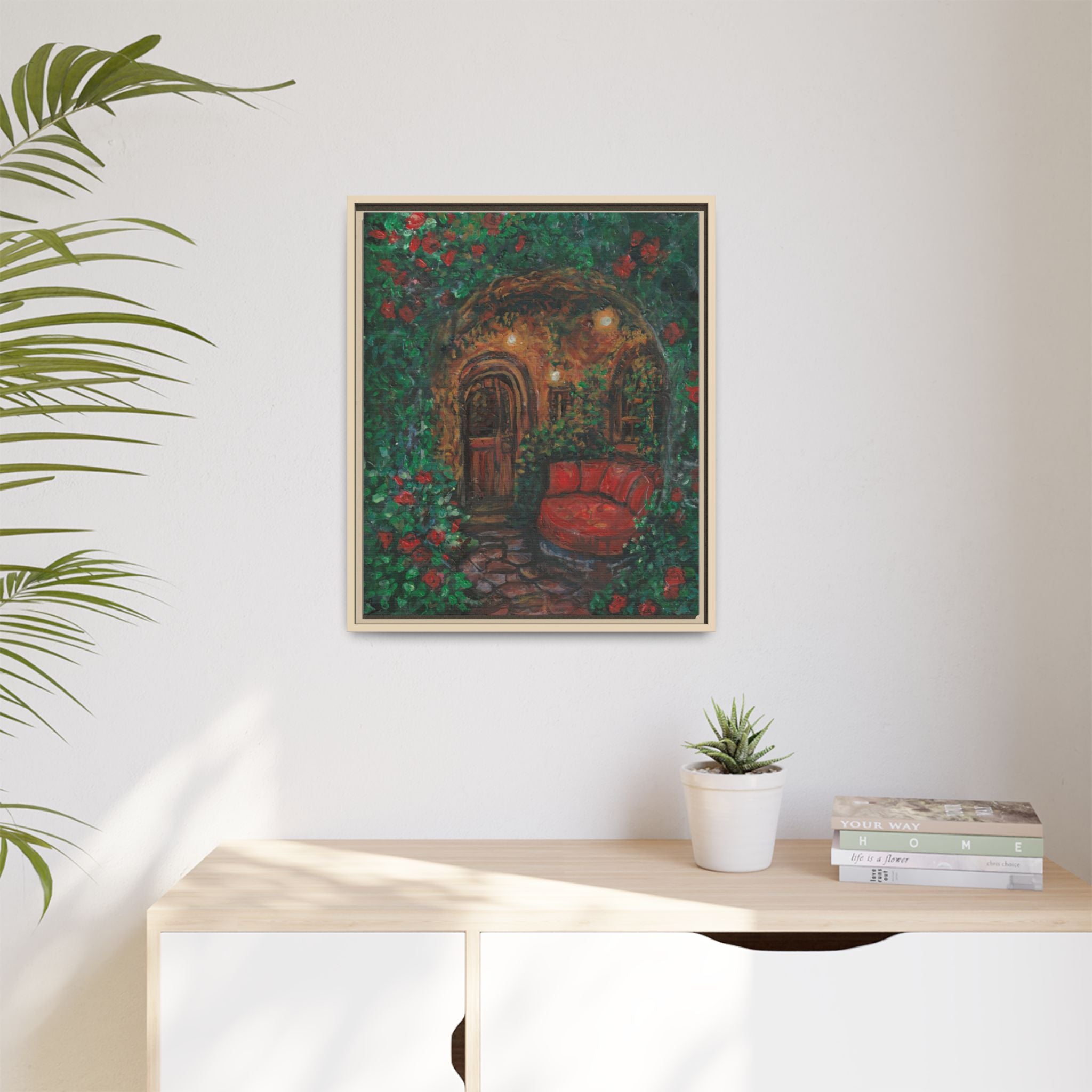 Framed Matte Canvas Art – Cozy Garden Doorway with Red Chair Print of Original Hidden Doorway