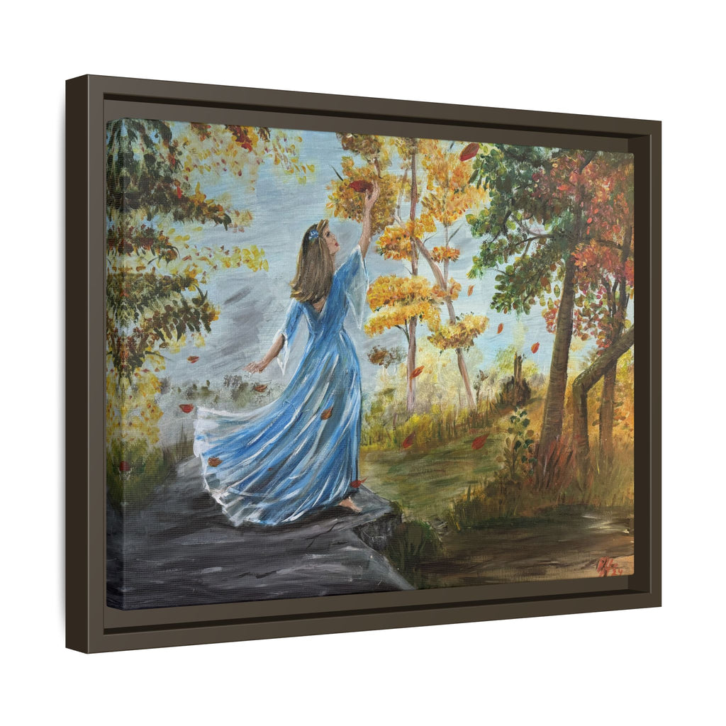 Autumn Breeze Canvas Print — Woman in Blue Dress Framed Wall Art