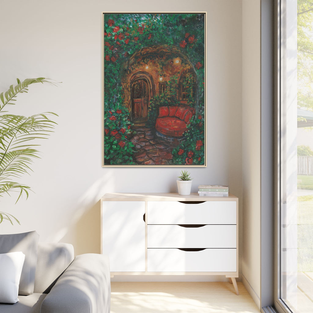Framed Matte Canvas Art – Cozy Garden Doorway with Red Chair Print of Original Hidden Doorway