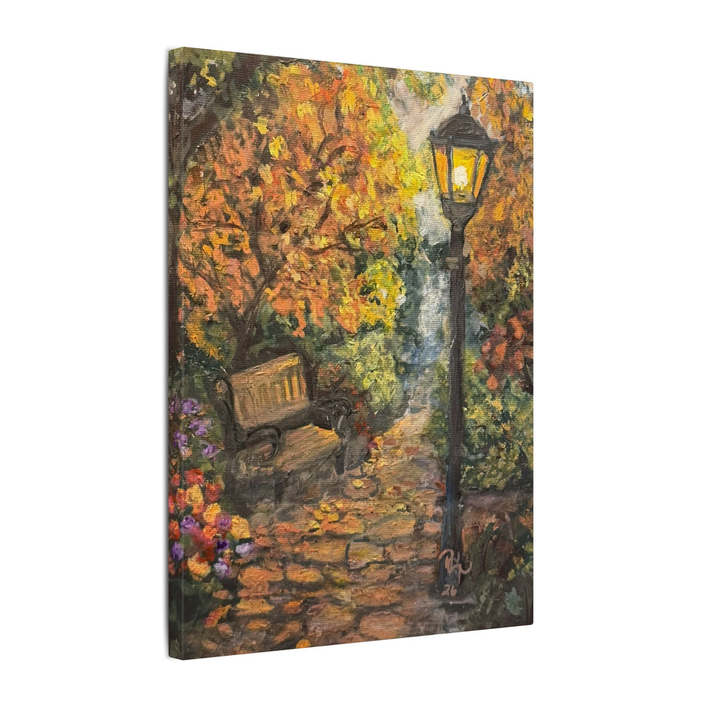 Autumn Evening in the Park Canvas Print of Original— Lantern & Bench Fall Wall Decor