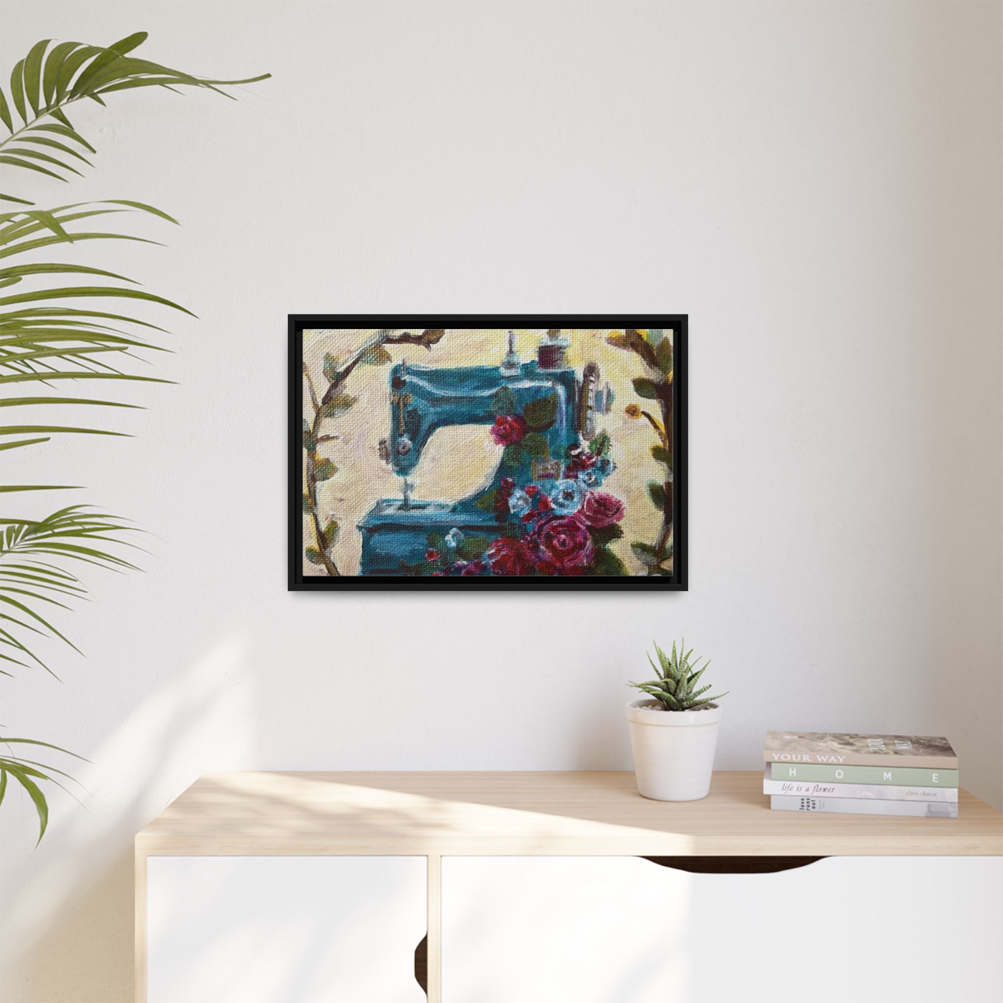 Framed Canvas Wall Art — Vintage Sewing Machine with Roses - Framed Print of the Original Grandma's Sewing Machine