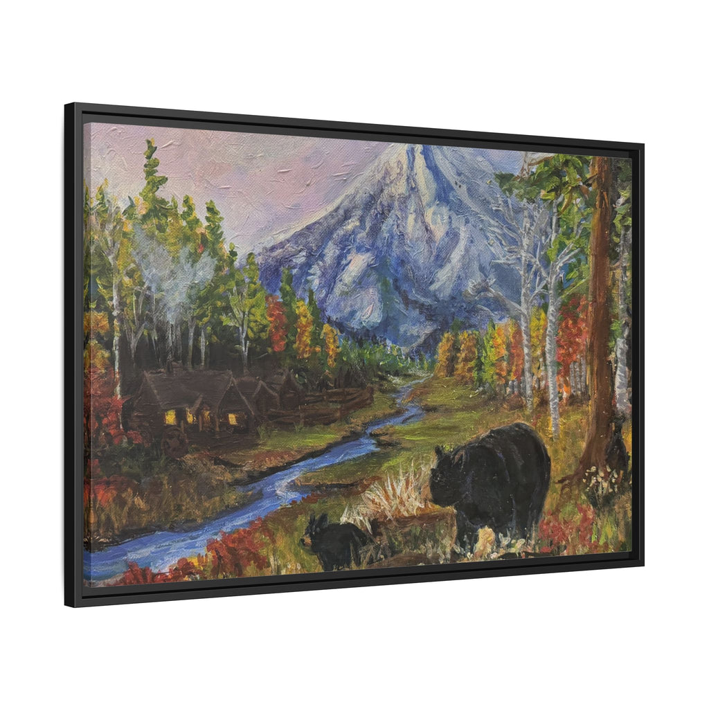 Framed Matte Canvas - Three Bear Stroll  - Mountain Stream with Bears Landscape Wall Art