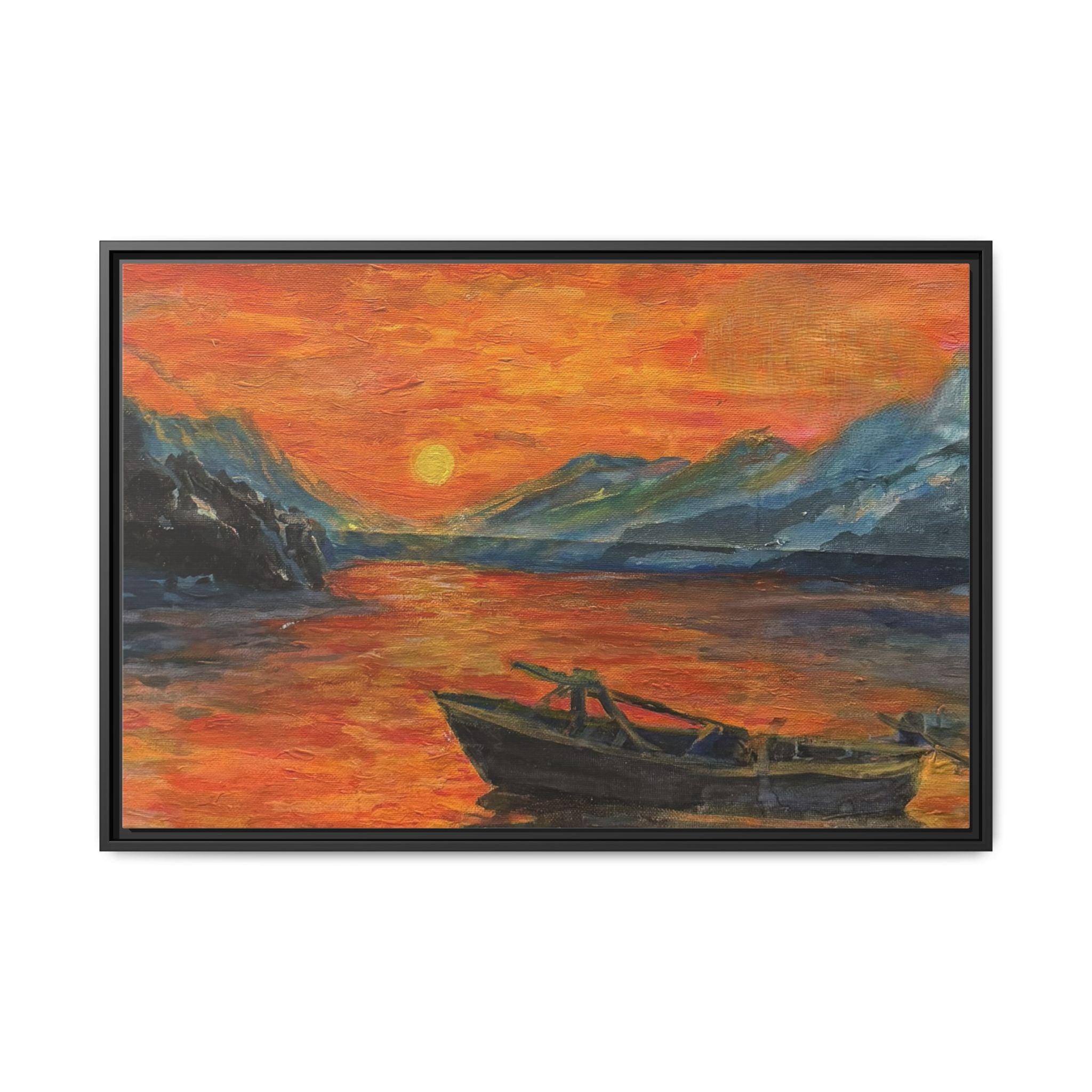Boat on Sunset Lake Framed Canvas Print of Original — Orange Mountain Lake Wall Art
