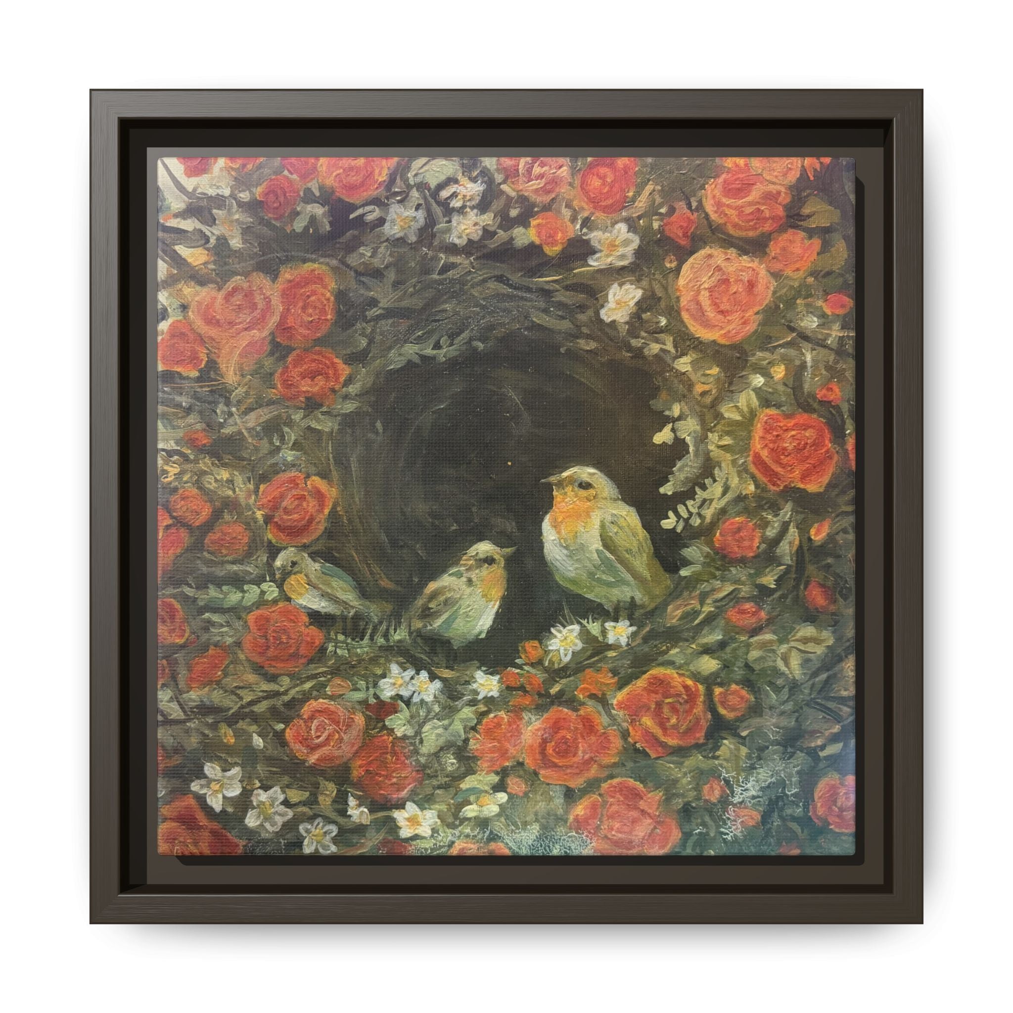 Framed Canvas Art - 'Nest of Roses' Botanical Bird Print