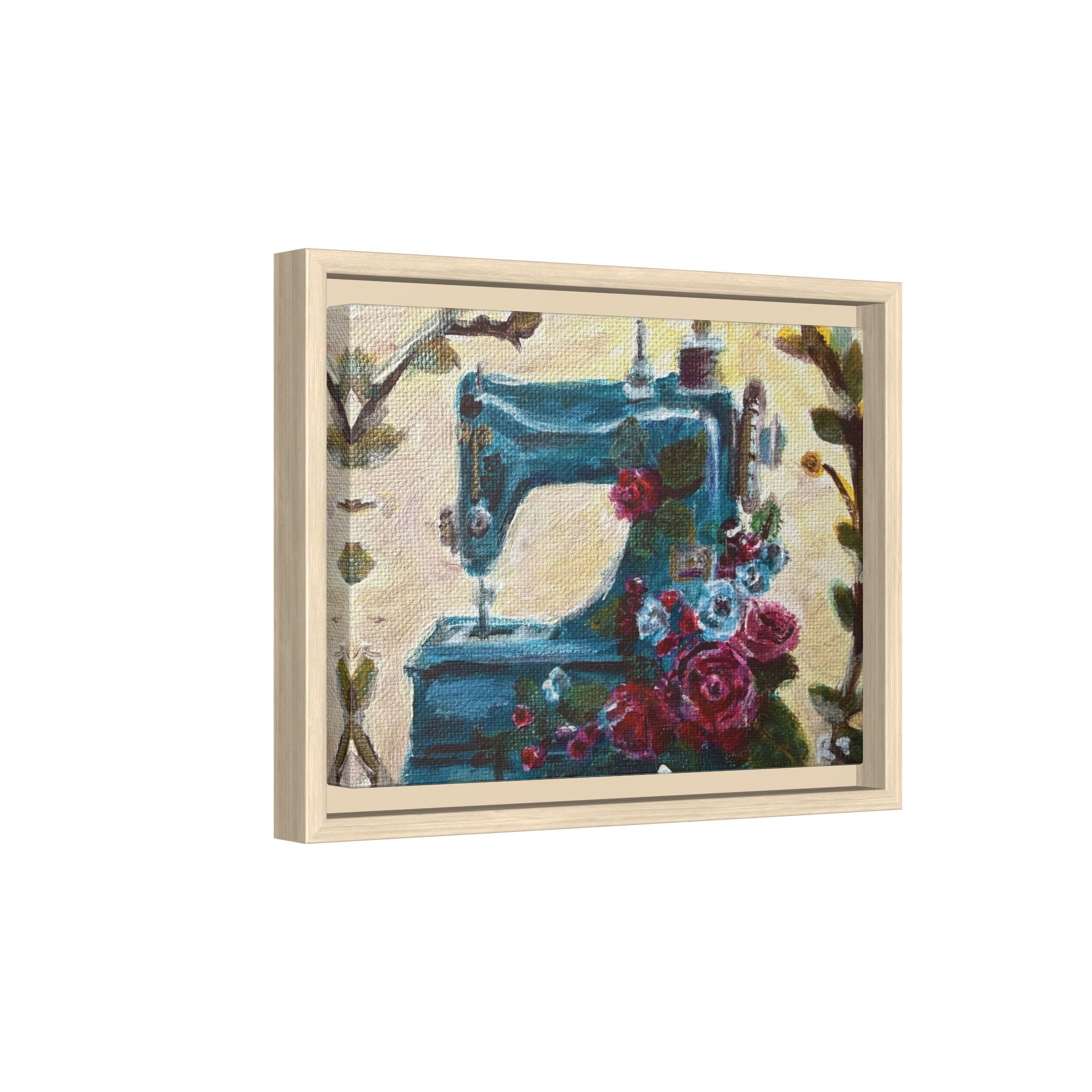 Framed Canvas Wall Art — Vintage Sewing Machine with Roses - Framed Print of the Original Grandma's Sewing Machine