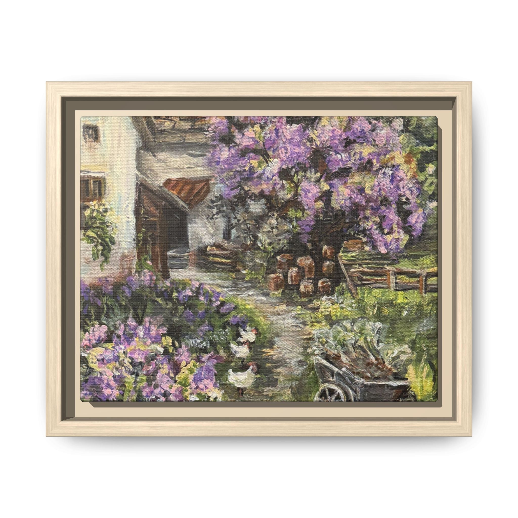 Framed Matte Canvas Print of Original Lavender Cottage— Cottage Garden with Purple Wisteria Wall Art