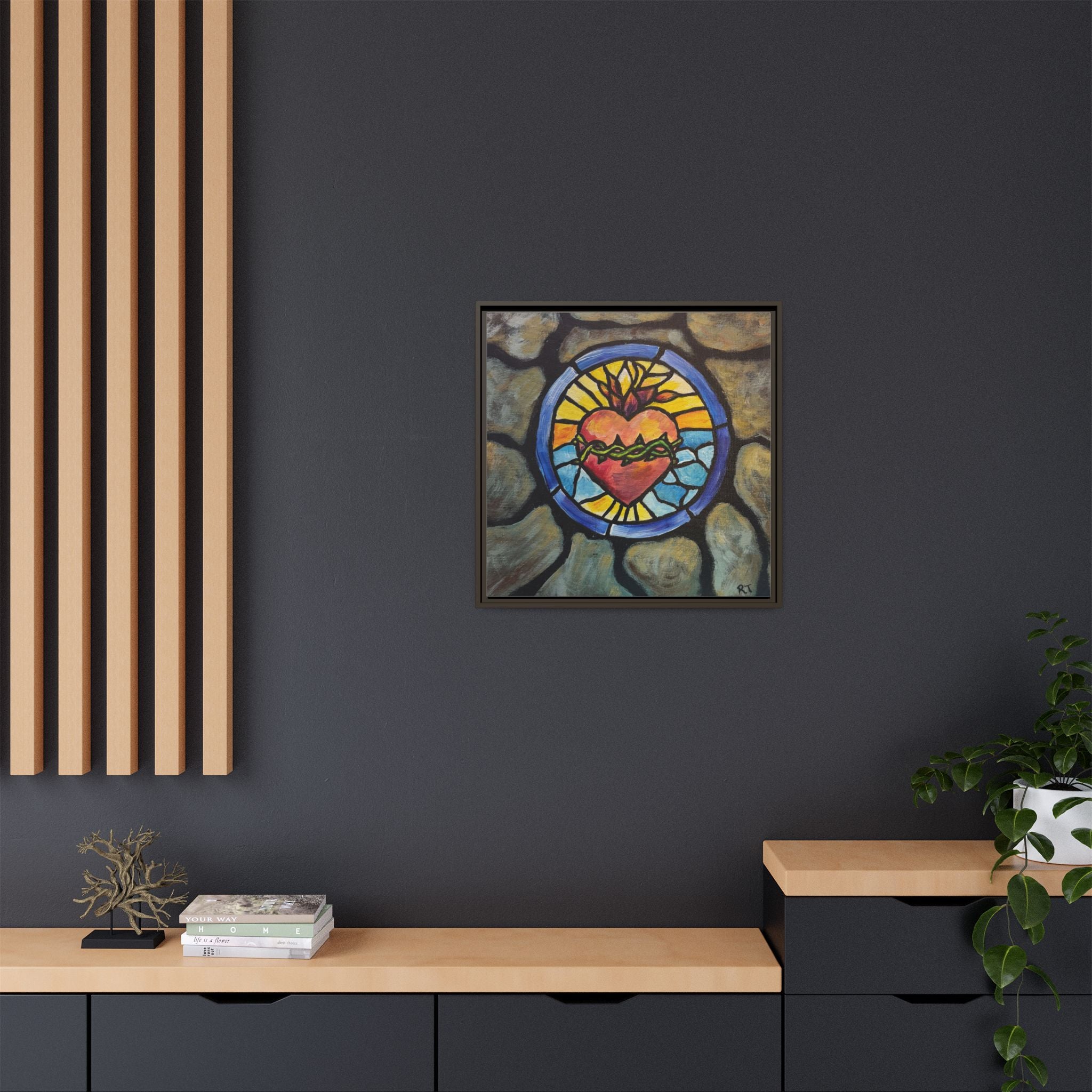 Sacred Heart Stained Glass Print — Framed Matte Canvas