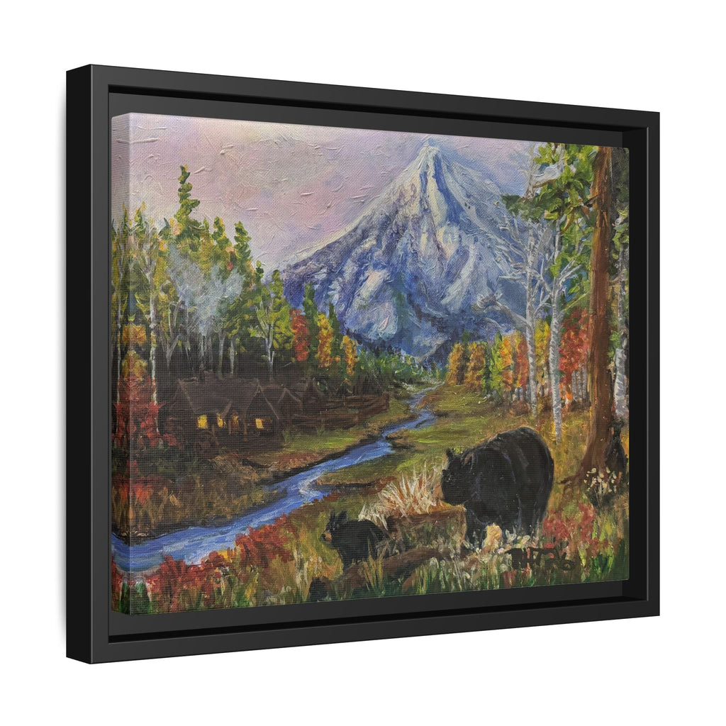 Framed Matte Canvas - Three Bear Stroll  - Mountain Stream with Bears Landscape Wall Art