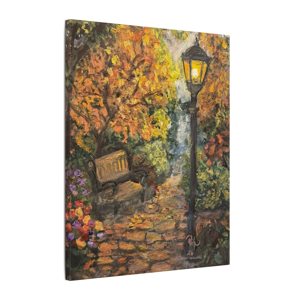 Autumn Evening in the Park Canvas Print of Original— Lantern & Bench Fall Wall Decor