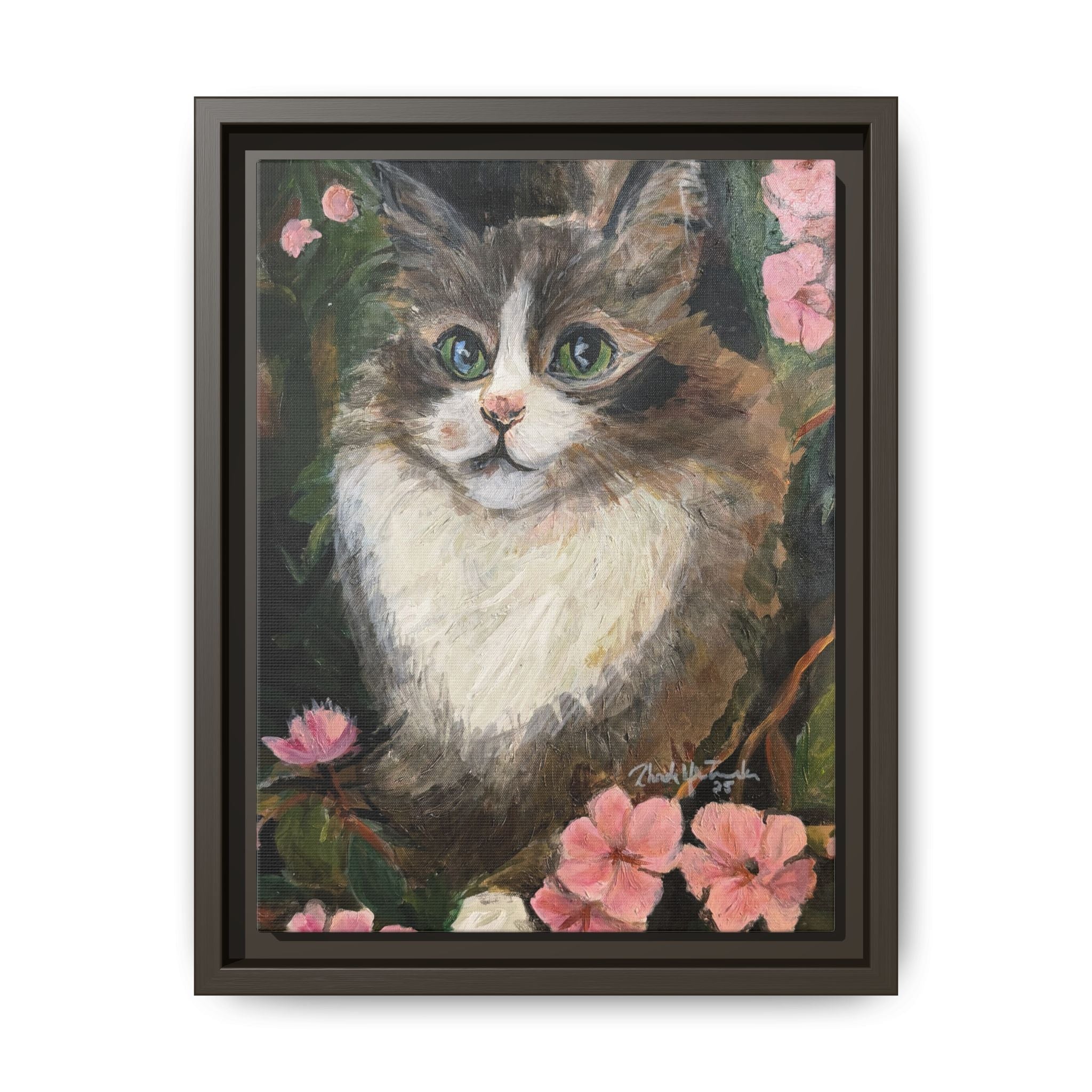 Framed Cat Portrait Canvas of Original Mikey– Floral Kitten Wall Art