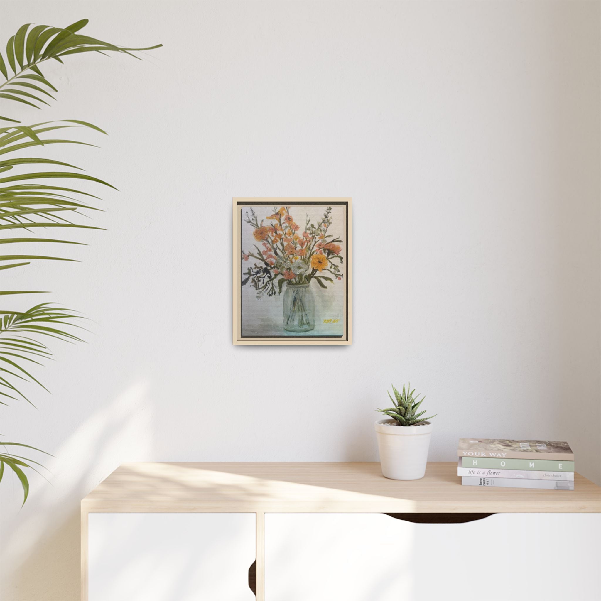 Framed Matte Canvas Art - Flower in Glass Jar Floral Painting Print of Original