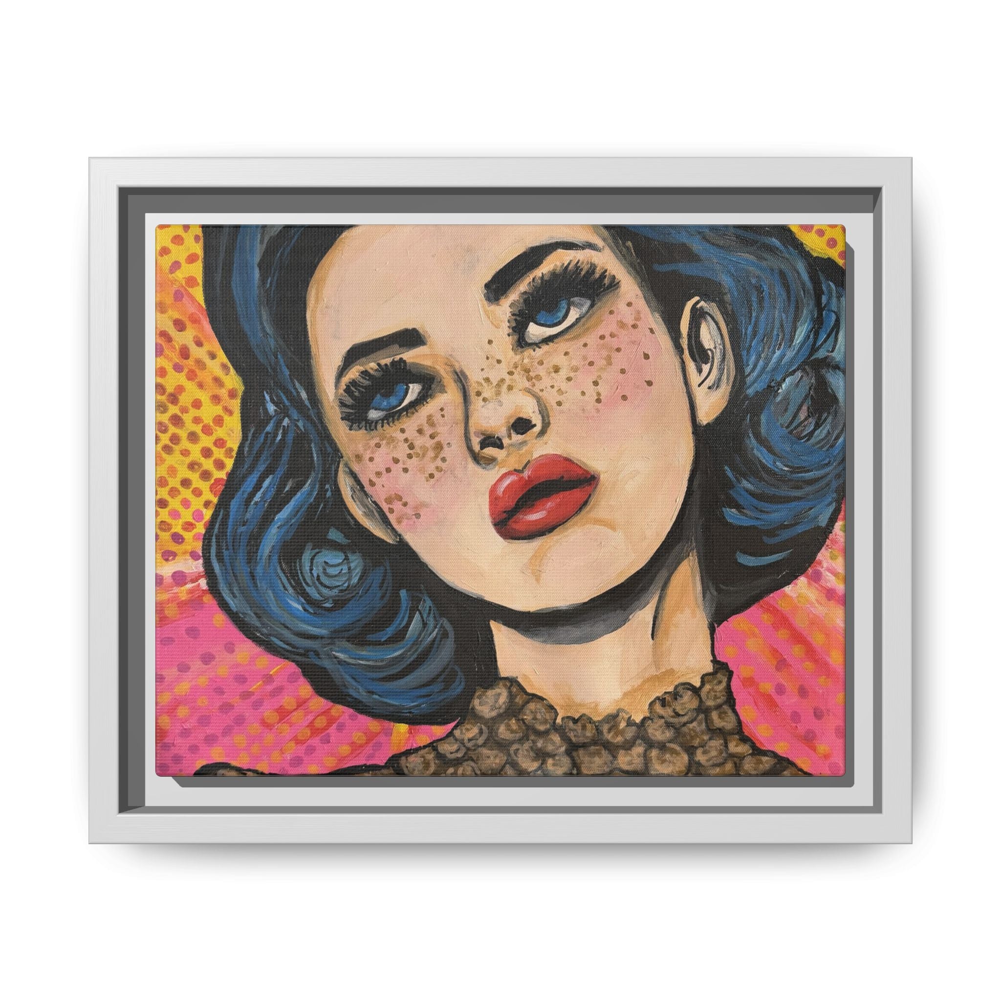 Pop Art Portrait Matte Canvas Print of Original "OMG" (Framed) — Retro Blue-Haired Woman Wall Art