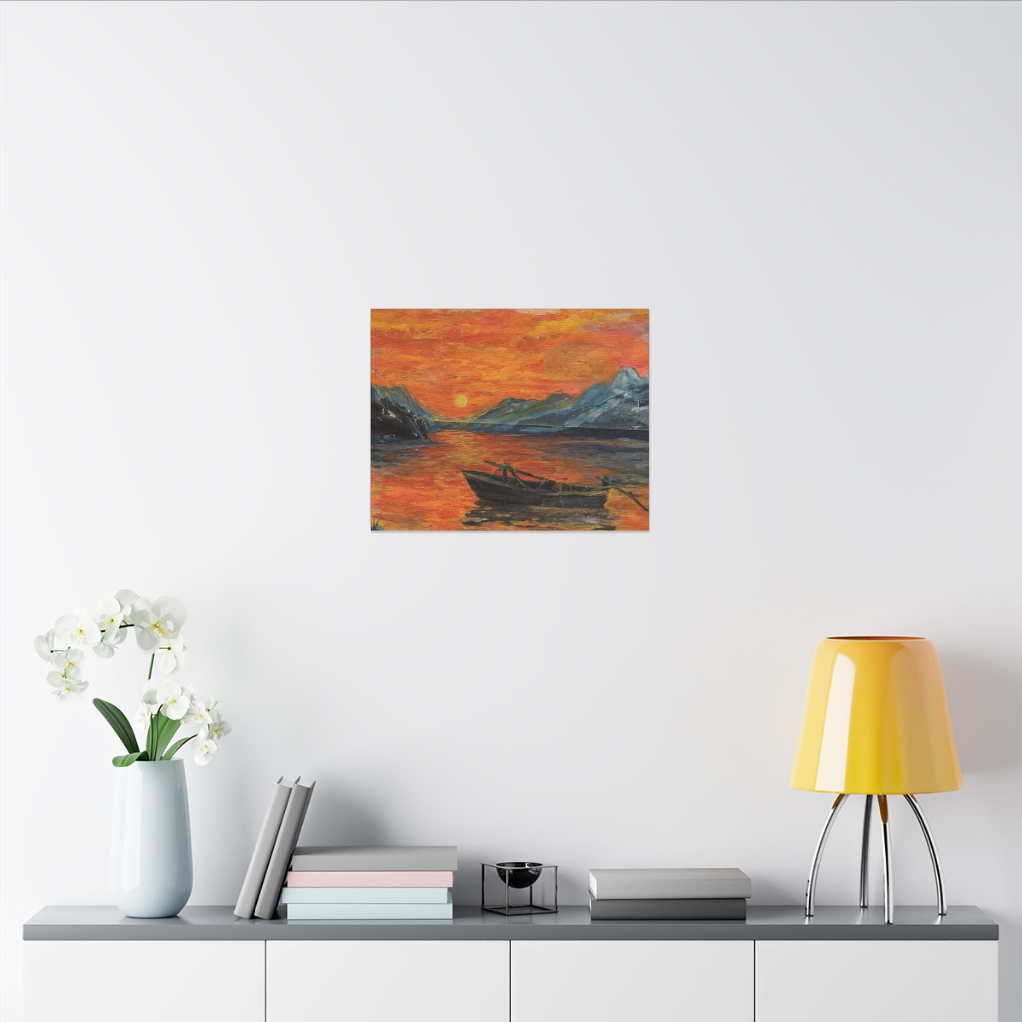Boat on Sunset Lake Canvas Wall Art Print of Original— Orange Seascape Landscape Print