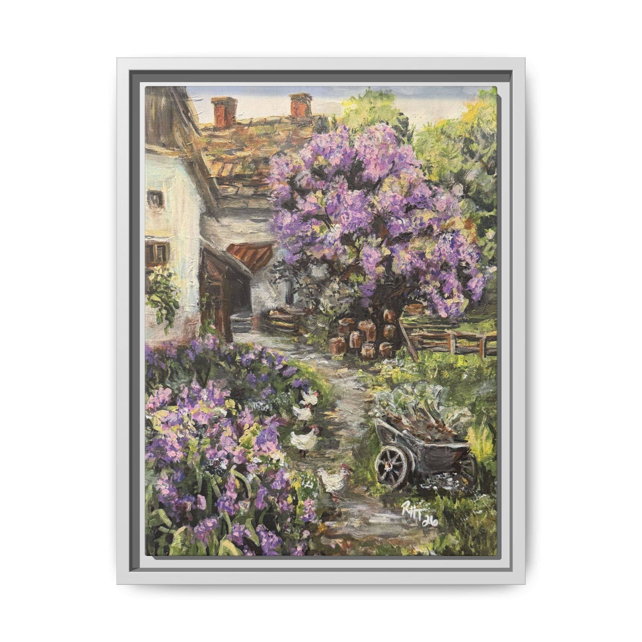 Framed Matte Canvas Print of Original Lavender Cottage— Cottage Garden with Purple Wisteria Wall Art