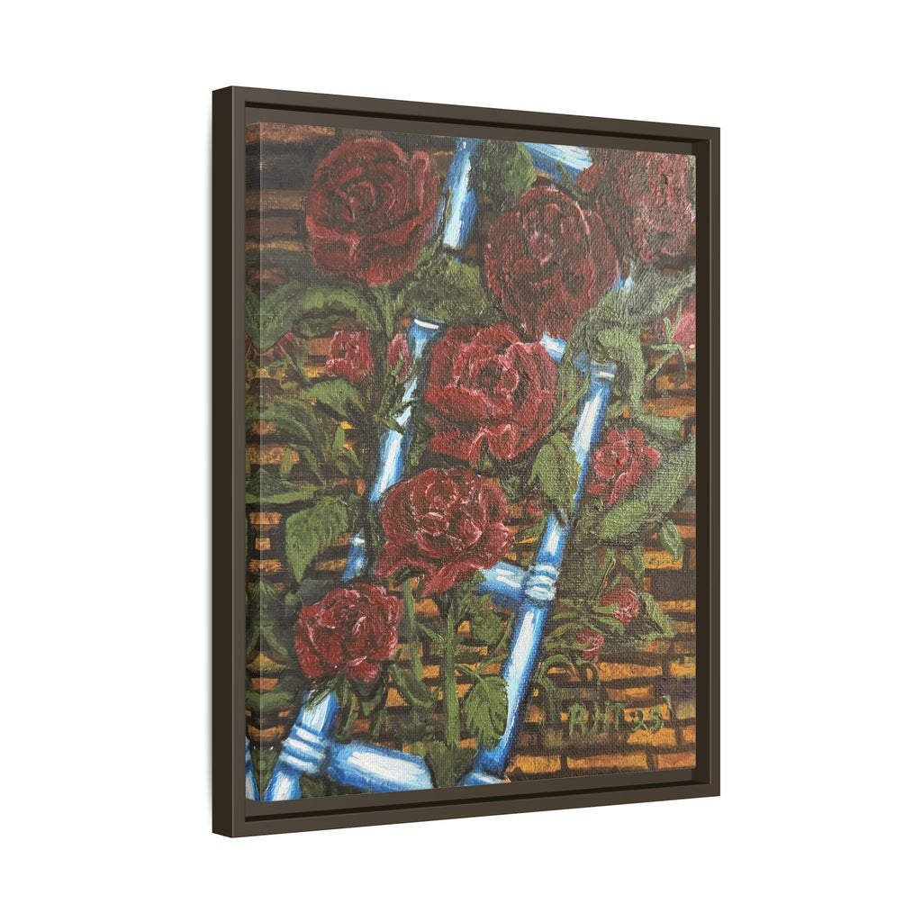 Framed Matte Canvas Art Print of Original Climbing Roses — Red Roses & Blue Ladder Floral Painting