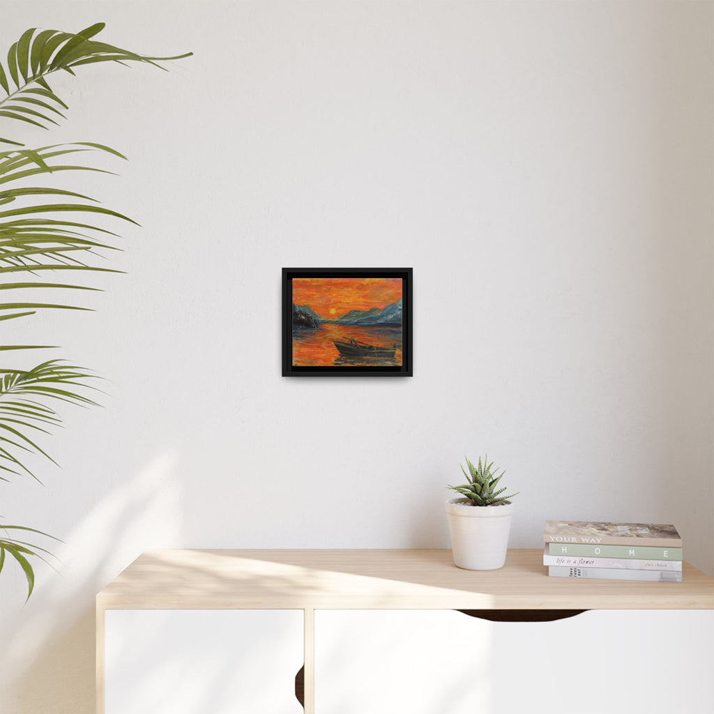 Boat on Sunset Lake Framed Canvas Print of Original — Orange Mountain Lake Wall Art